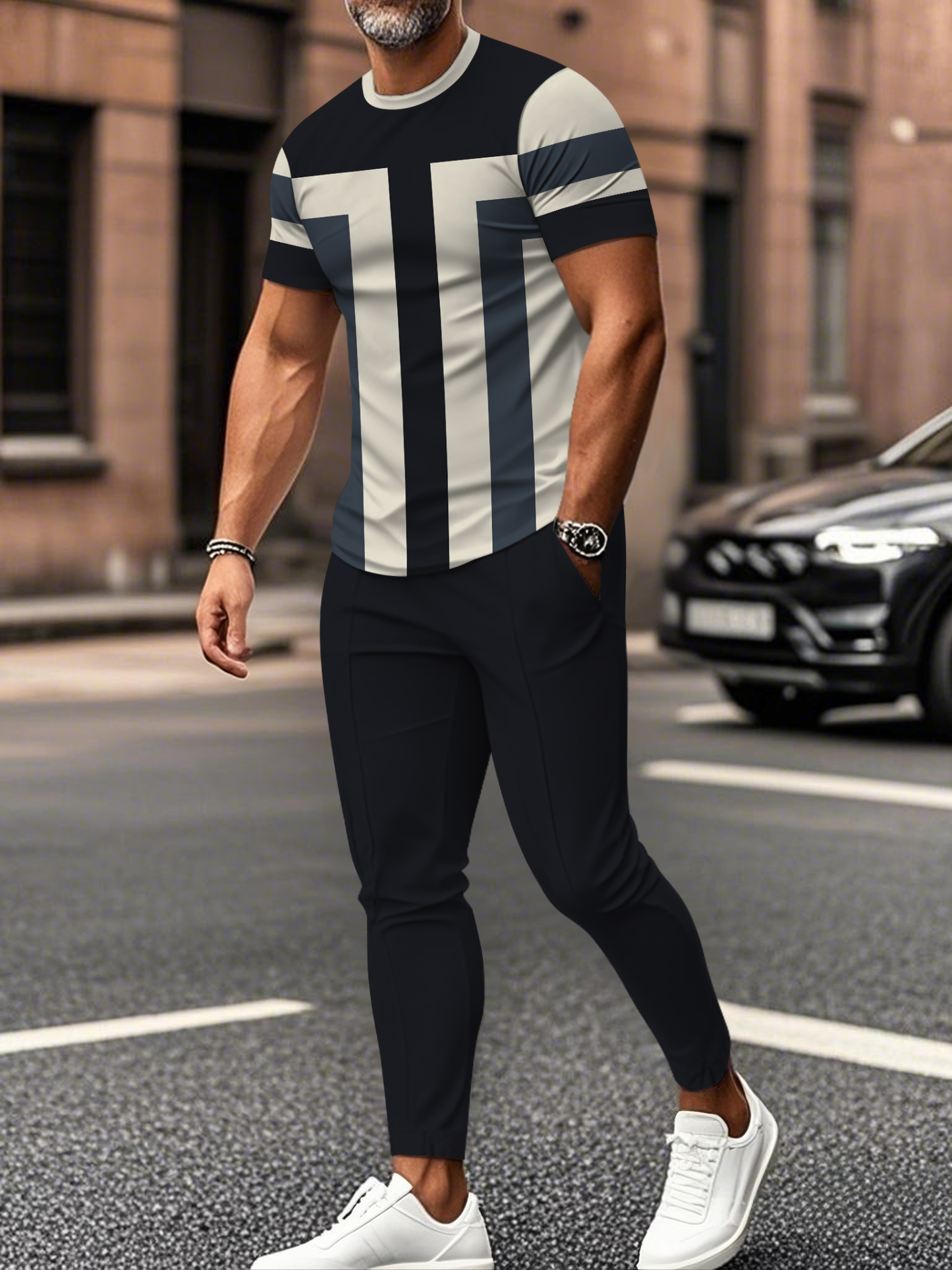 Men's fashion casual color matching striped printed short sleeved trousers two-piece set