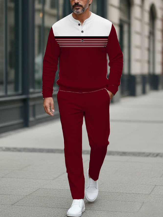 Men's Fashion Casual Geometric Print Long Sleeve Button Design Two-Piece Set