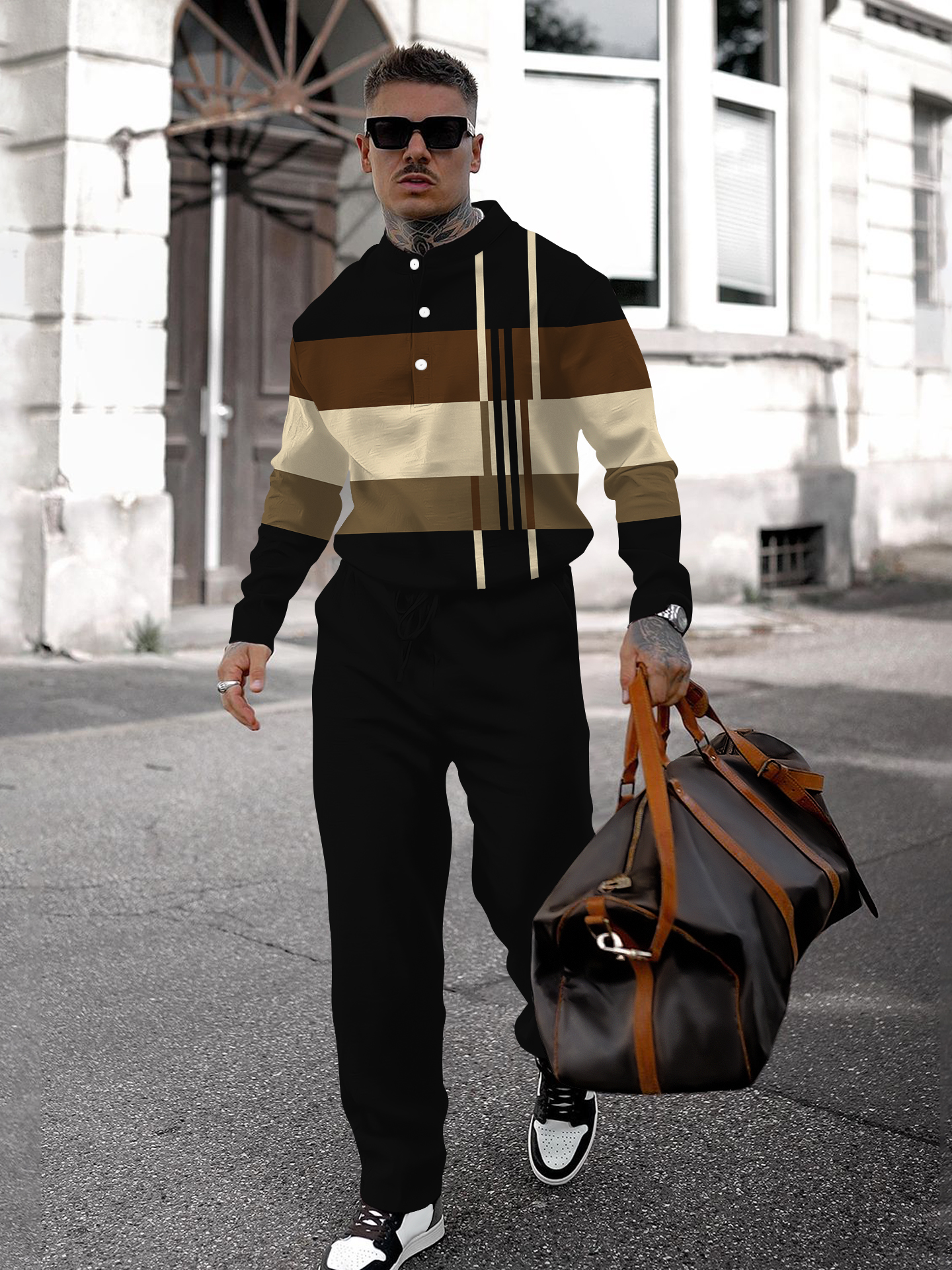 Men's fashion casual geometric print long sleeve two-piece set