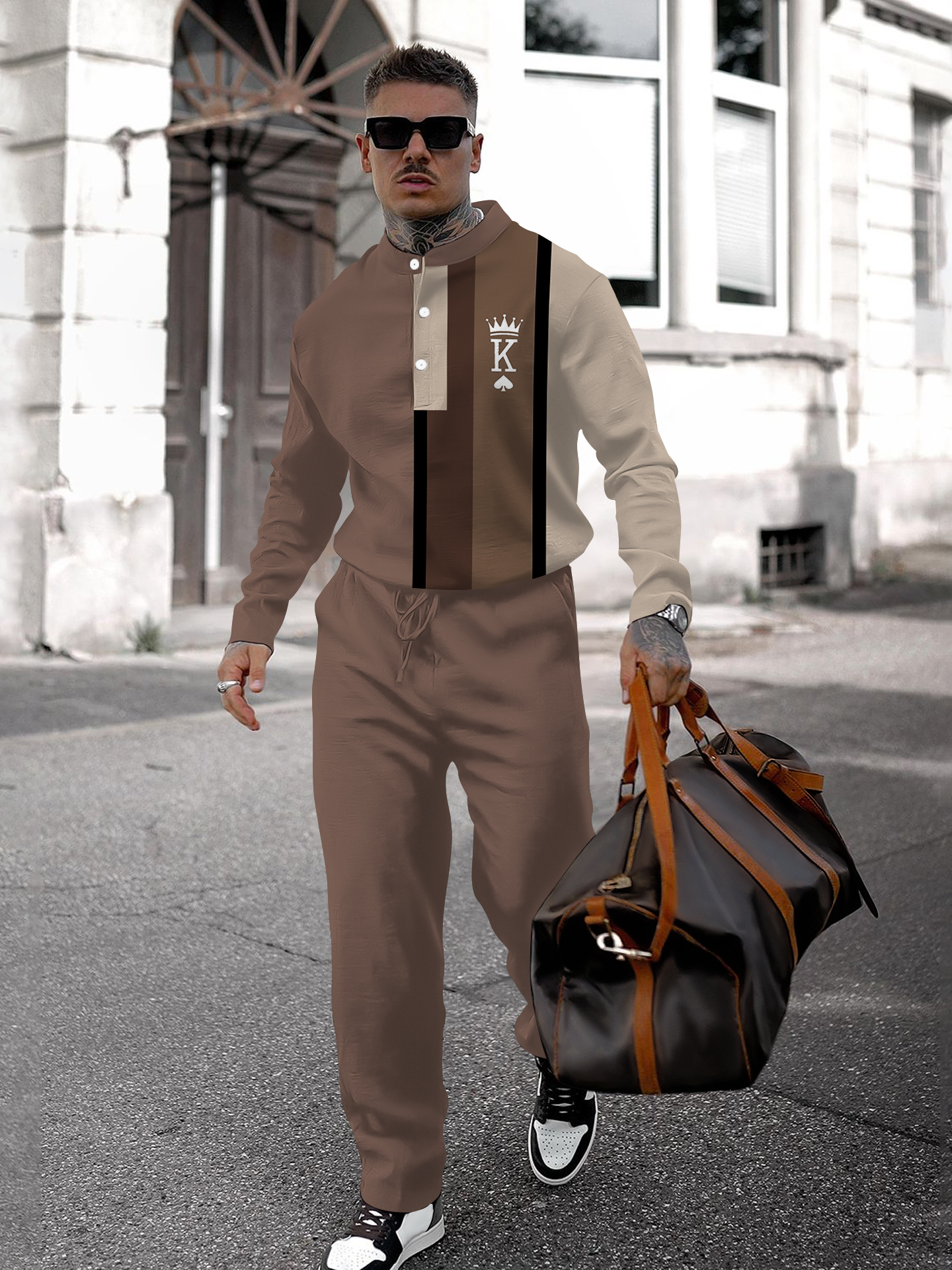 Men's fashion casual geometric print long sleeve two-piece set