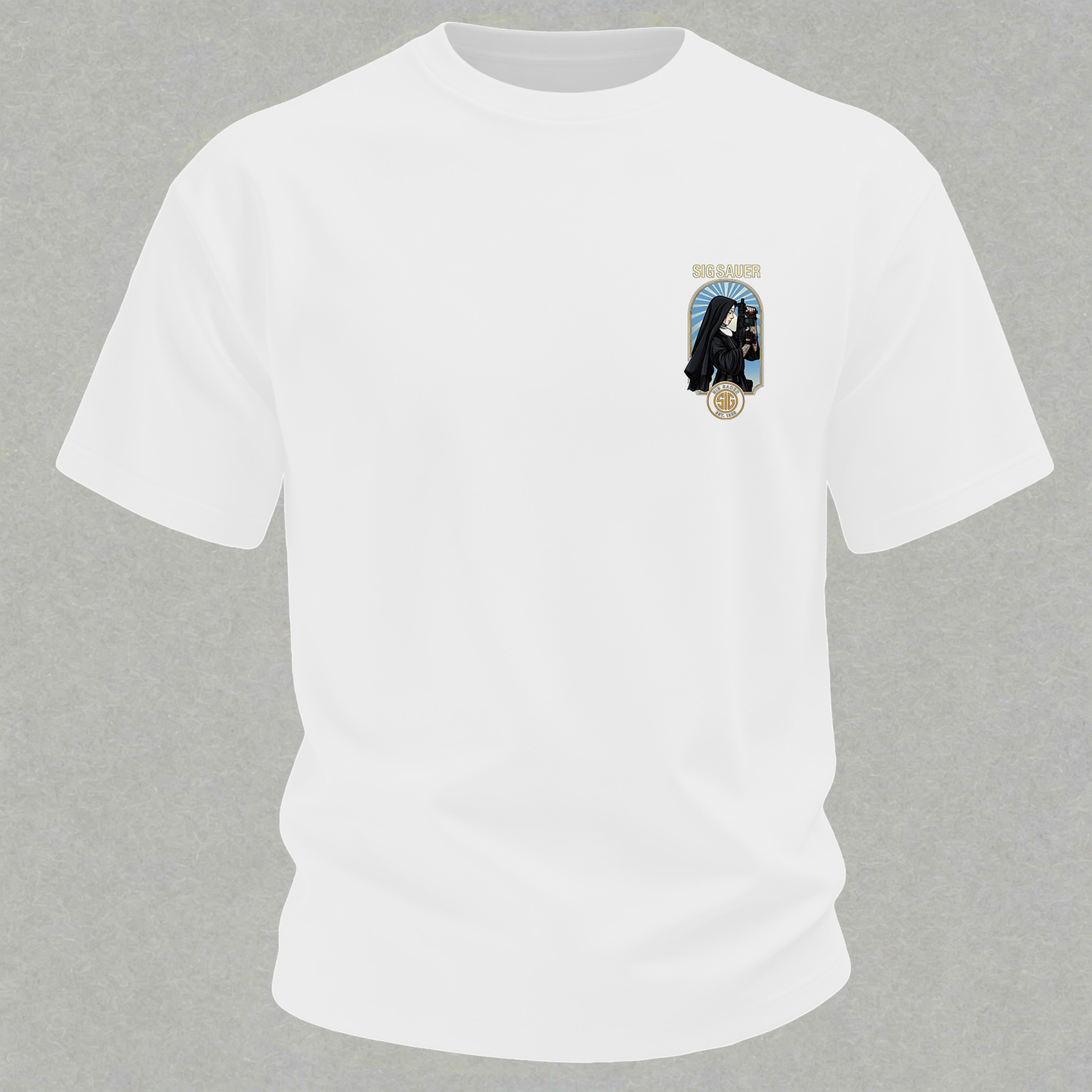 Precision Tactical Arch Window Nun with Rifle Since 1853 Vintage Illustration Cotton Print Men's T-Shirt