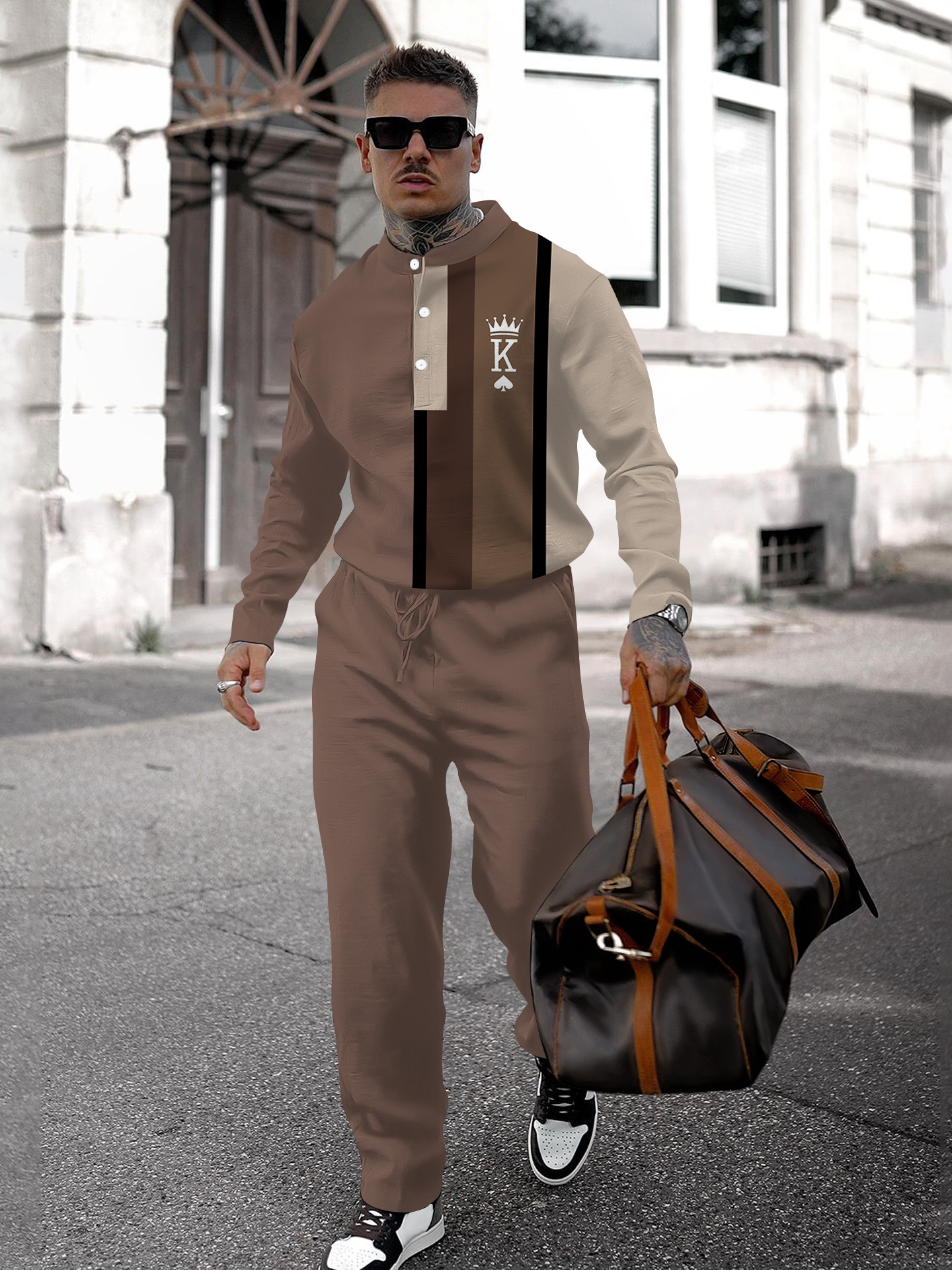 Men's fashion casual geometric print long sleeve two-piece set