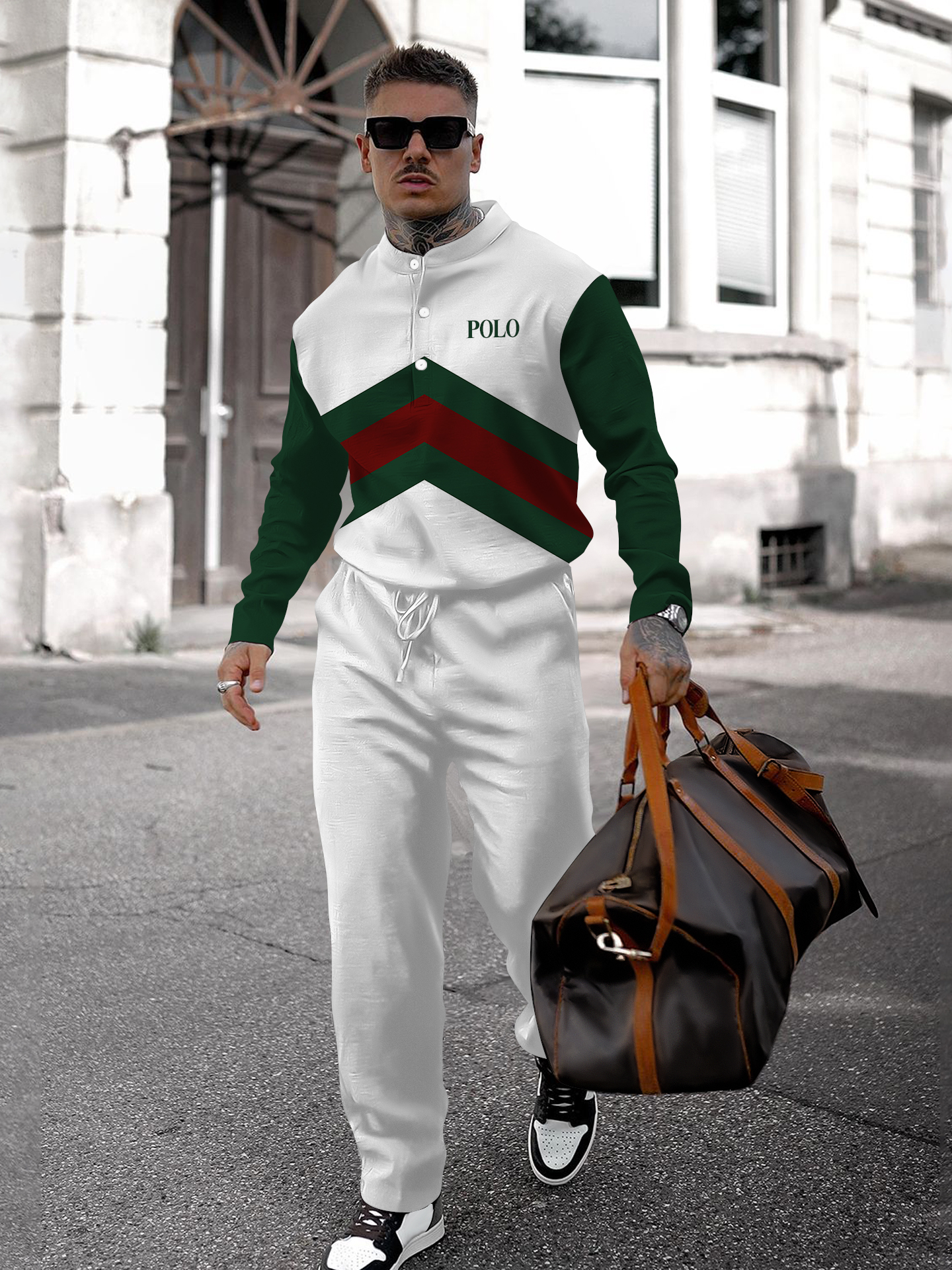 Men's fashion casual geometric print long sleeve two-piece set