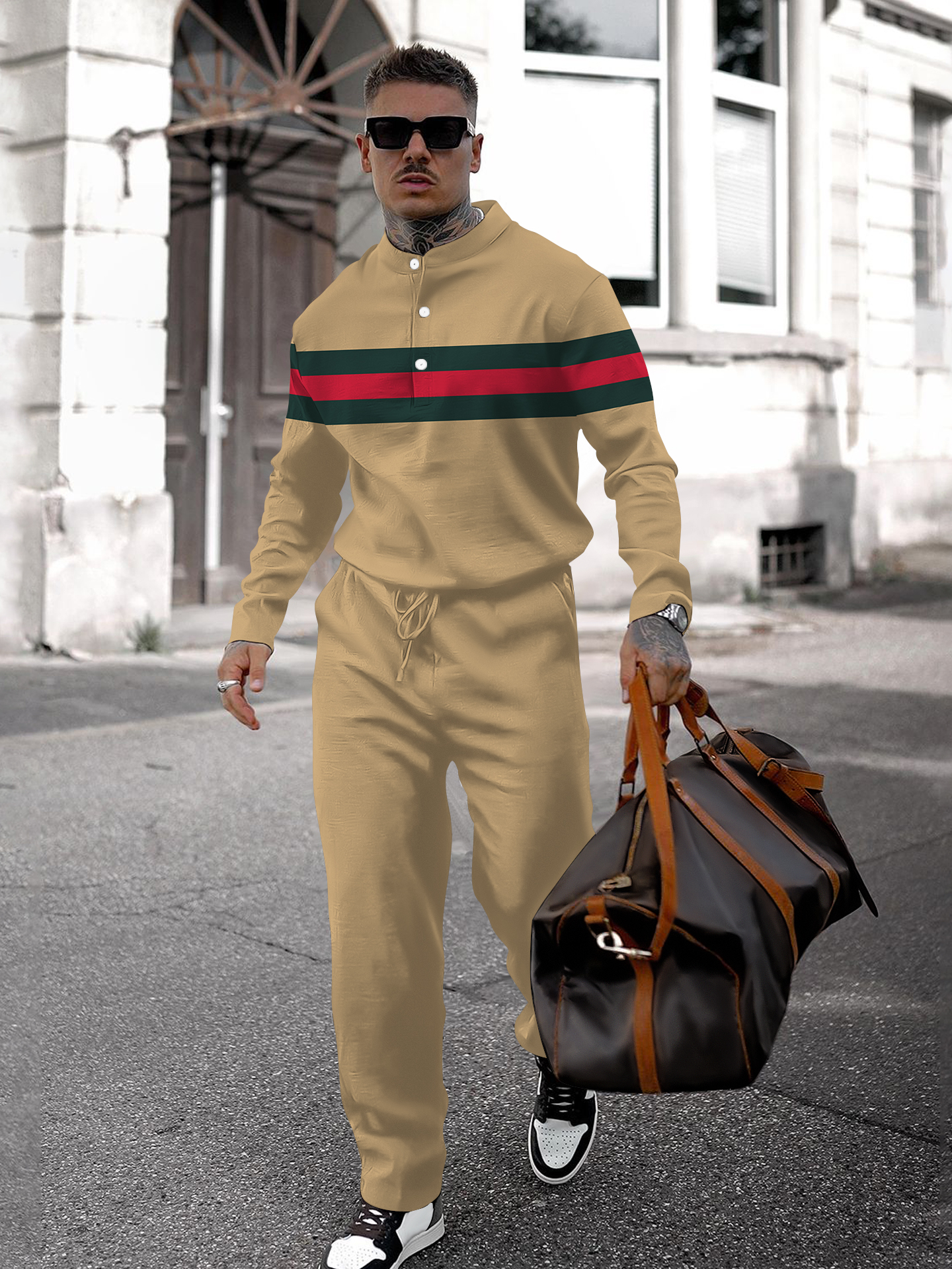 Men's fashion casual geometric print long sleeve two-piece set