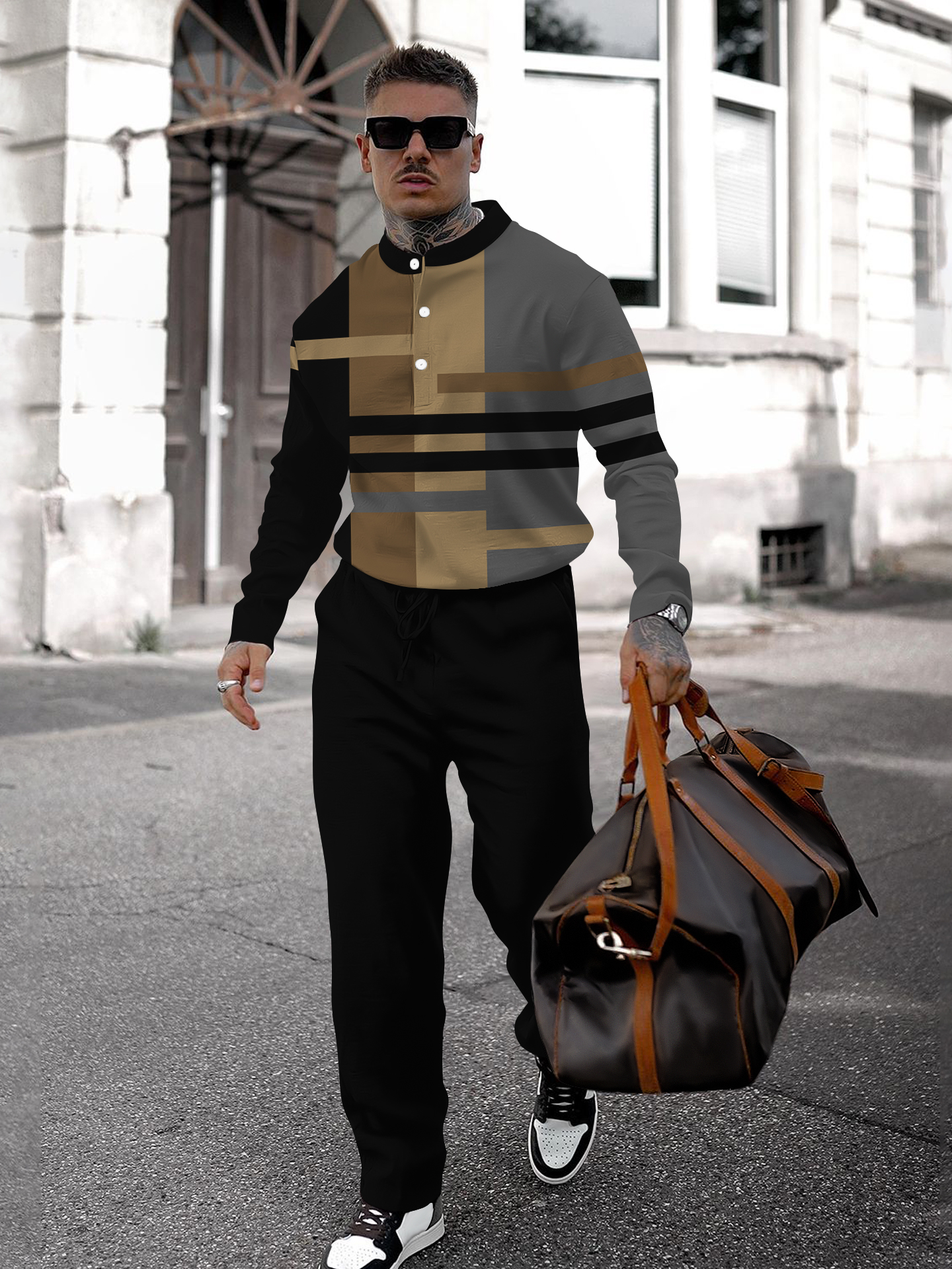 Men's fashion casual geometric print long sleeve two-piece set