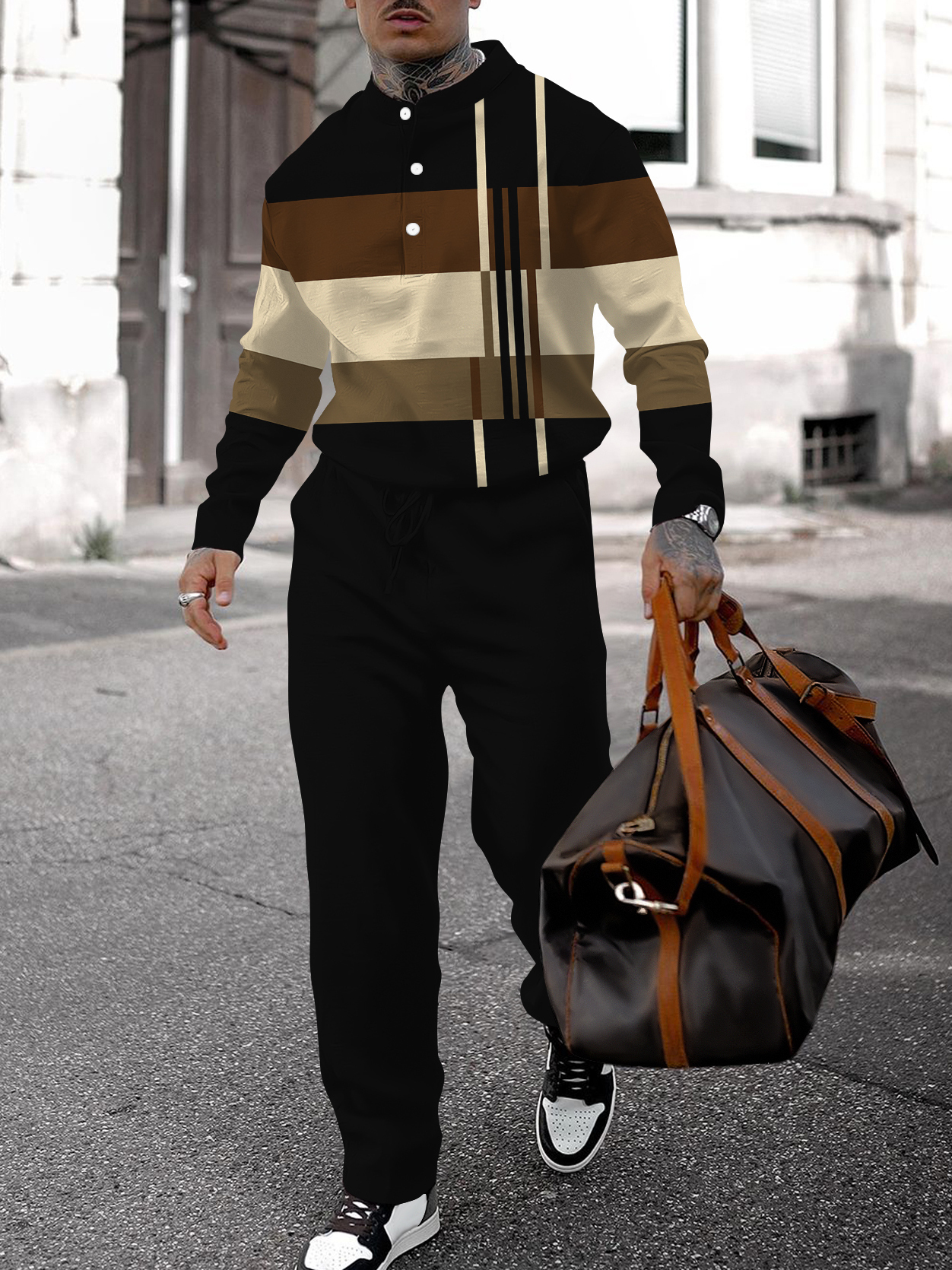 Men's fashion casual geometric print long sleeve two-piece set