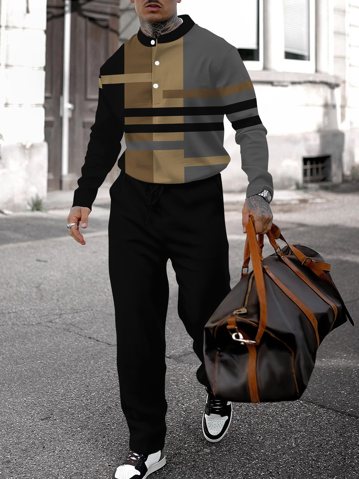 Men's fashion casual geometric print long sleeve two-piece set