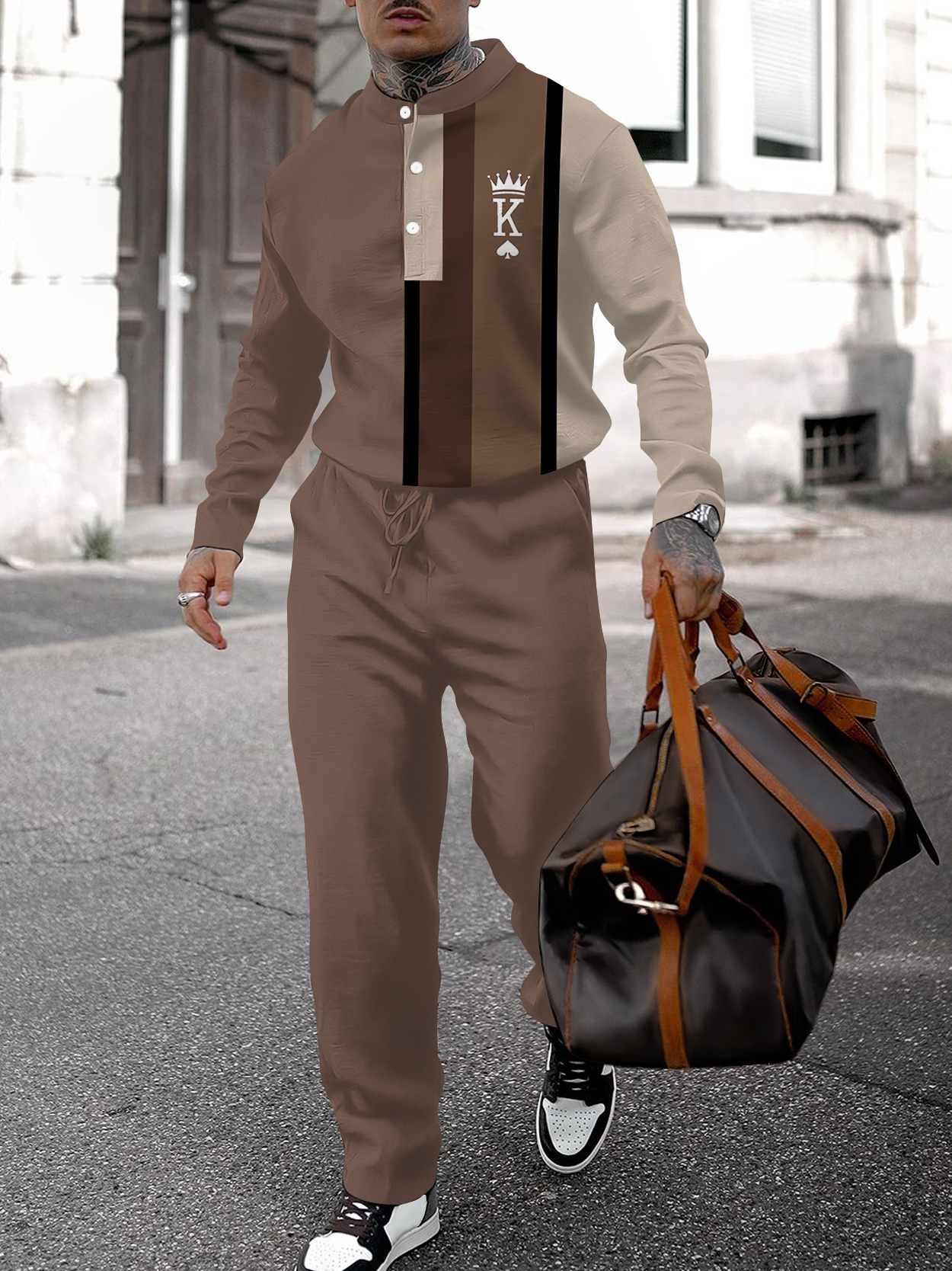 Men's fashion casual geometric print long sleeve two-piece set