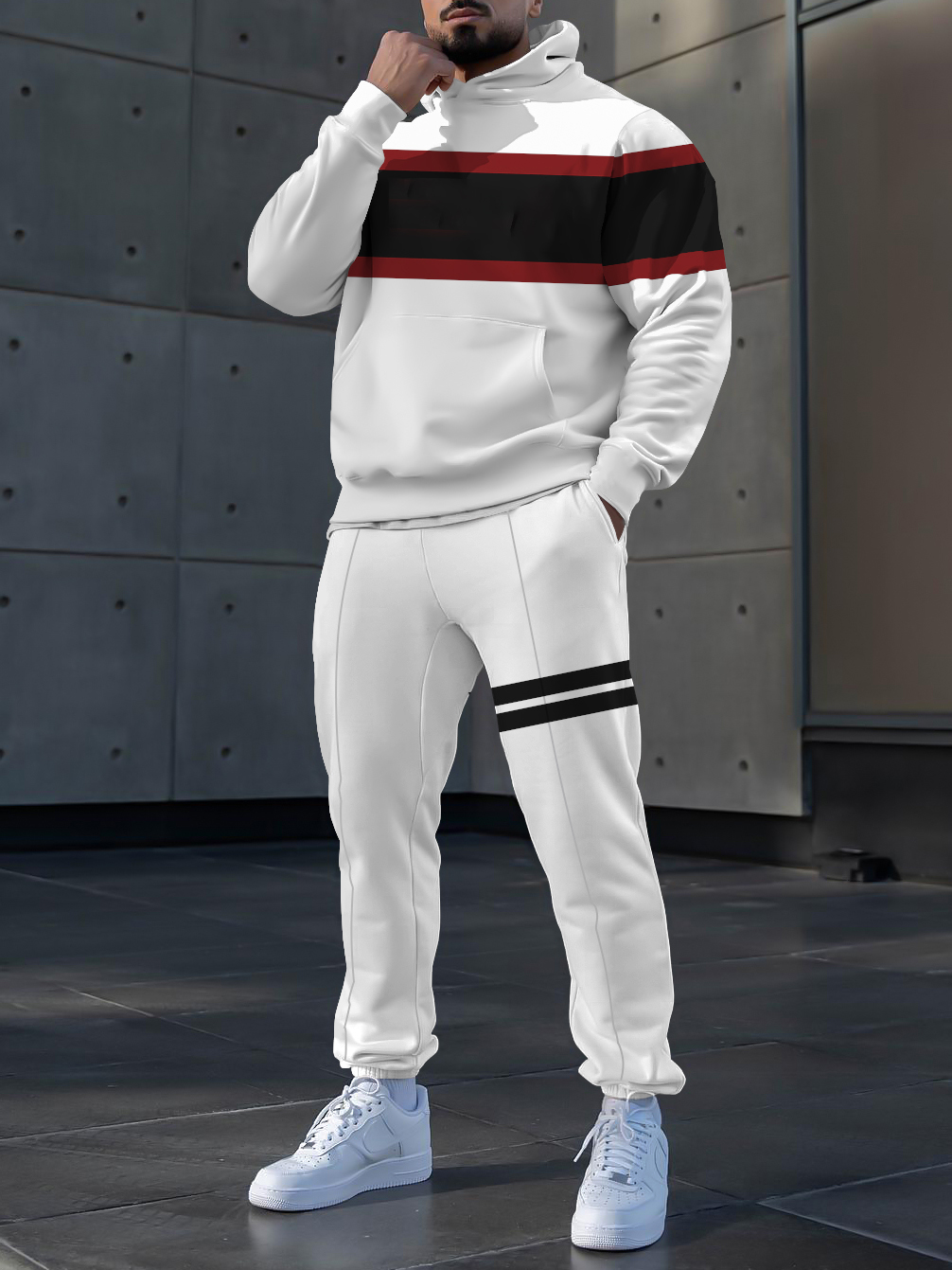 Men's fashion casual color matching striped print long sleeve two-piece set