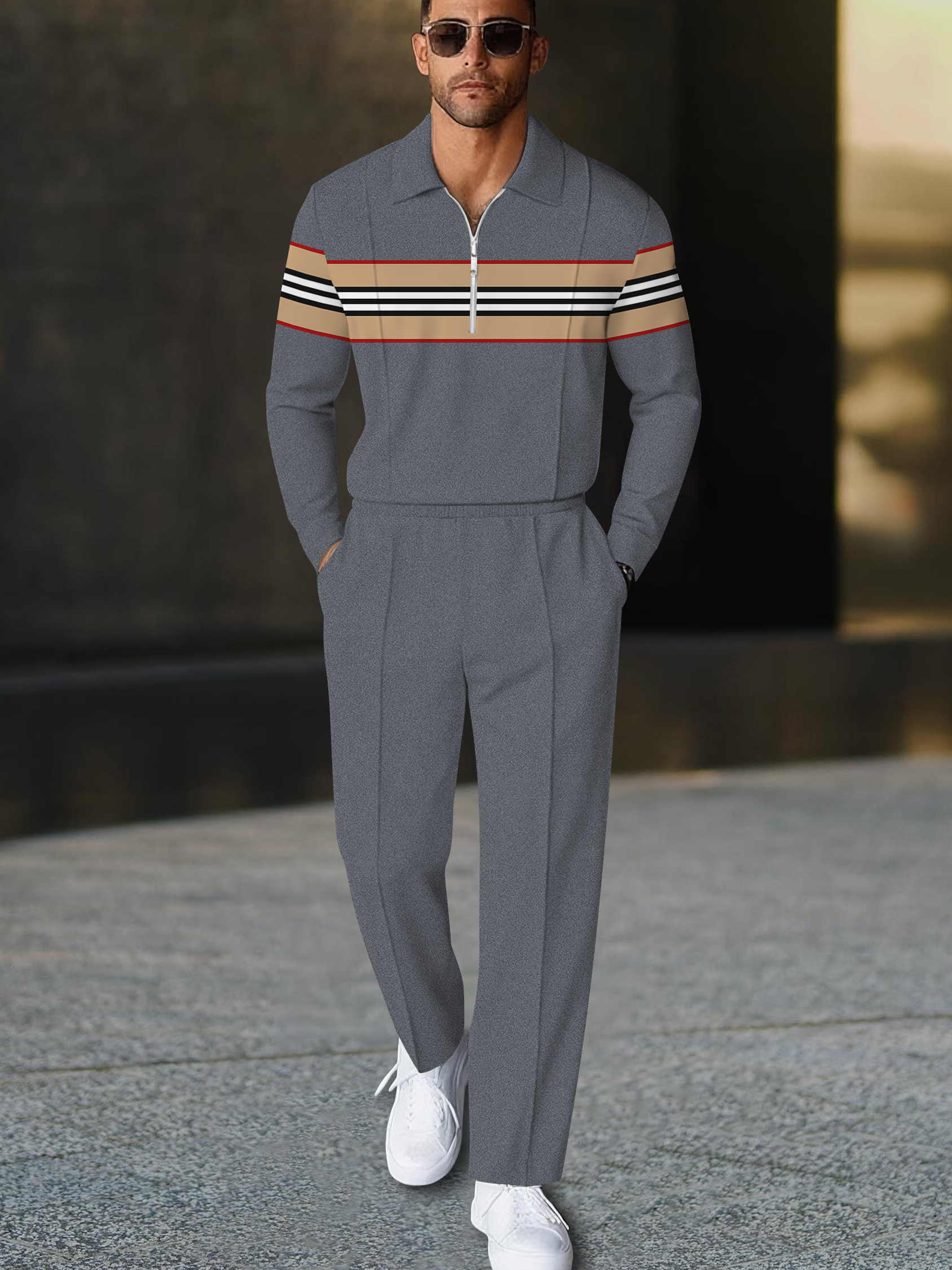 Men's fashion casual geometric print long sleeve zipper polo two-piece set