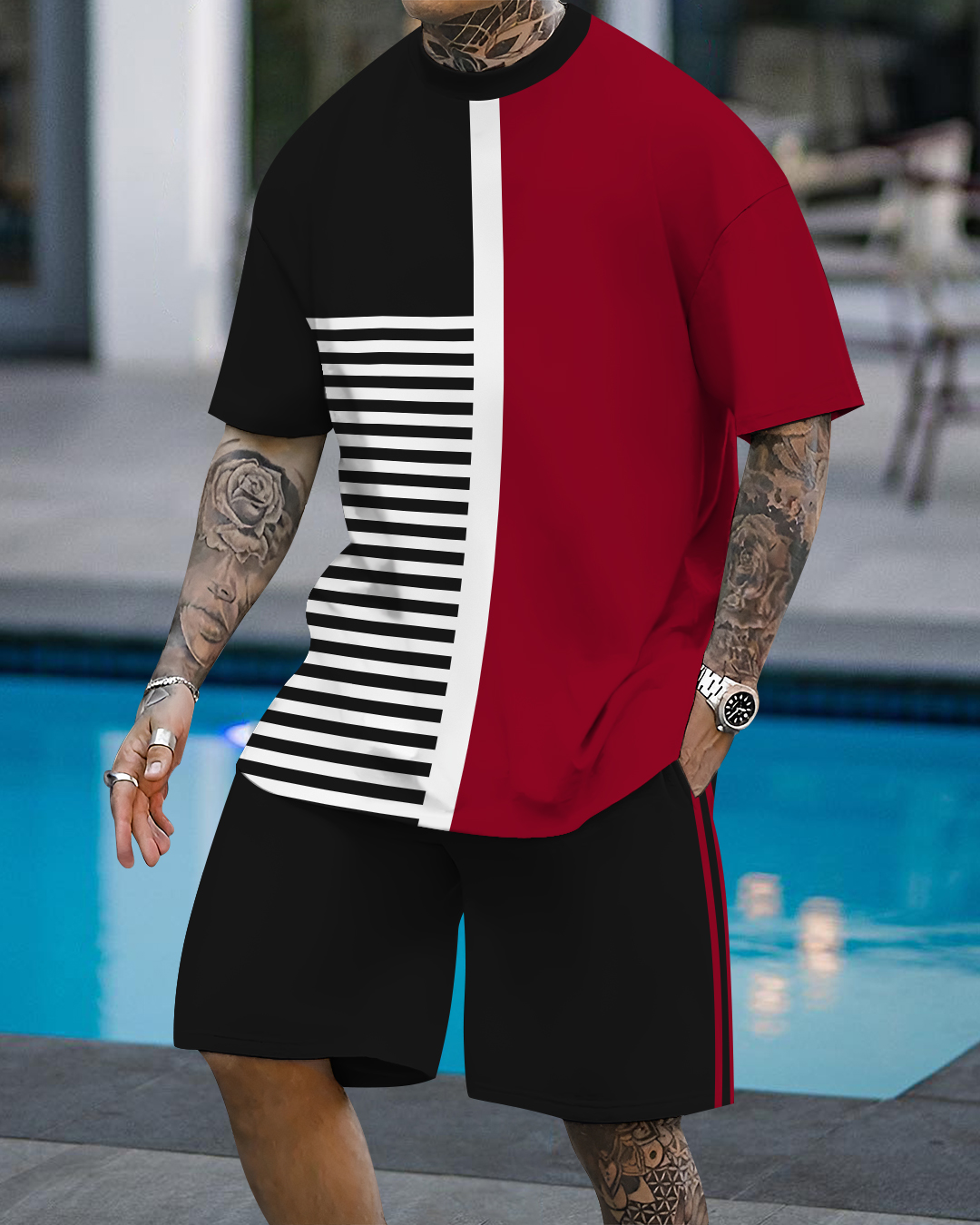 Men's fashion casual color matching printed short-sleeved two-piece set