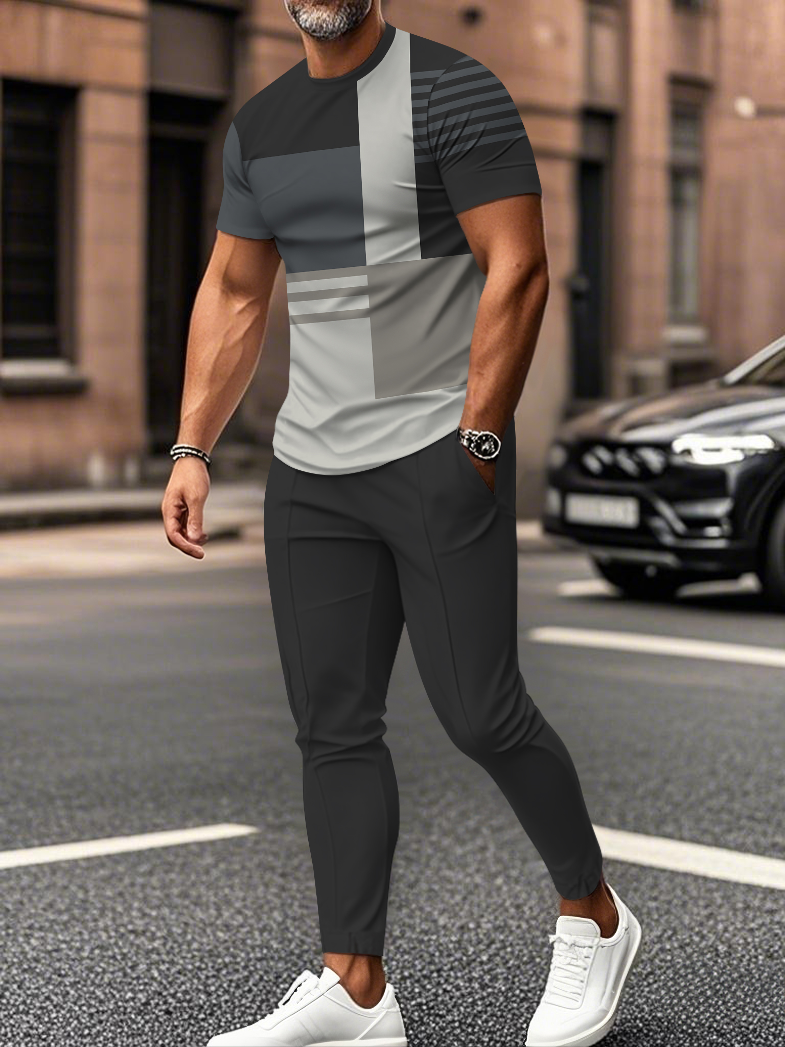 Men's fashion casual color matching striped printed short sleeved trousers two-piece set