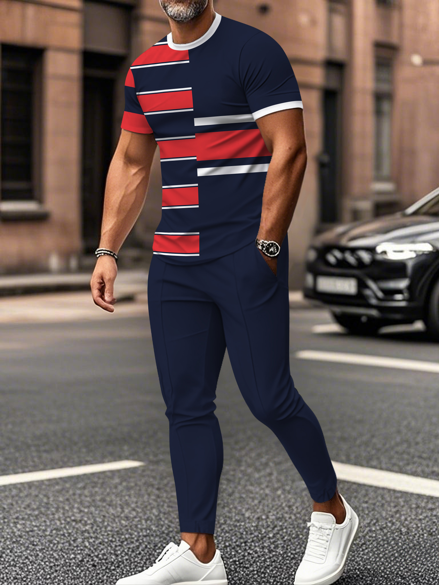 Men's fashion casual color matching striped printed short sleeved trousers two-piece set