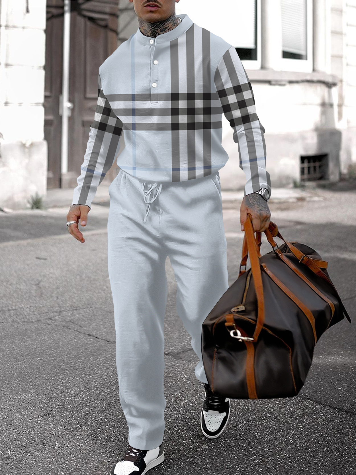 Men's fashion casual geometric print long sleeve two-piece set