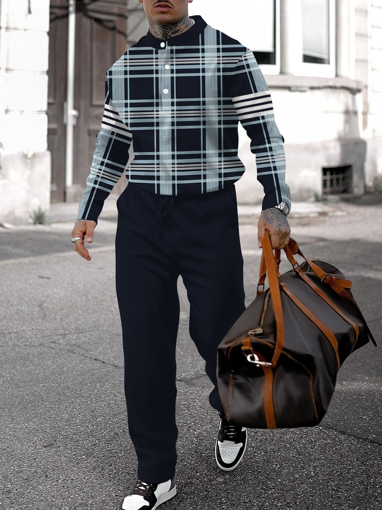 Men's fashion casual geometric print long sleeve two-piece set