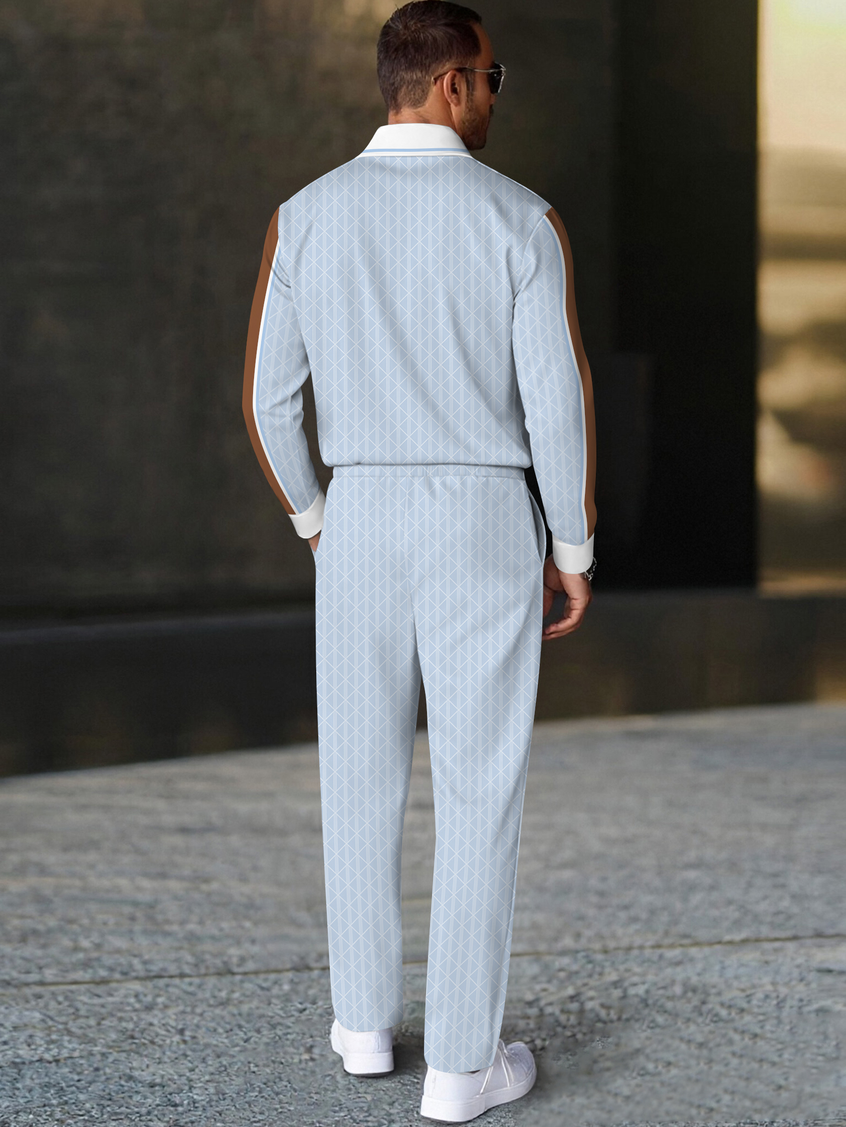 Men's fashion casual geometric print long sleeve zipper polo two-piece set