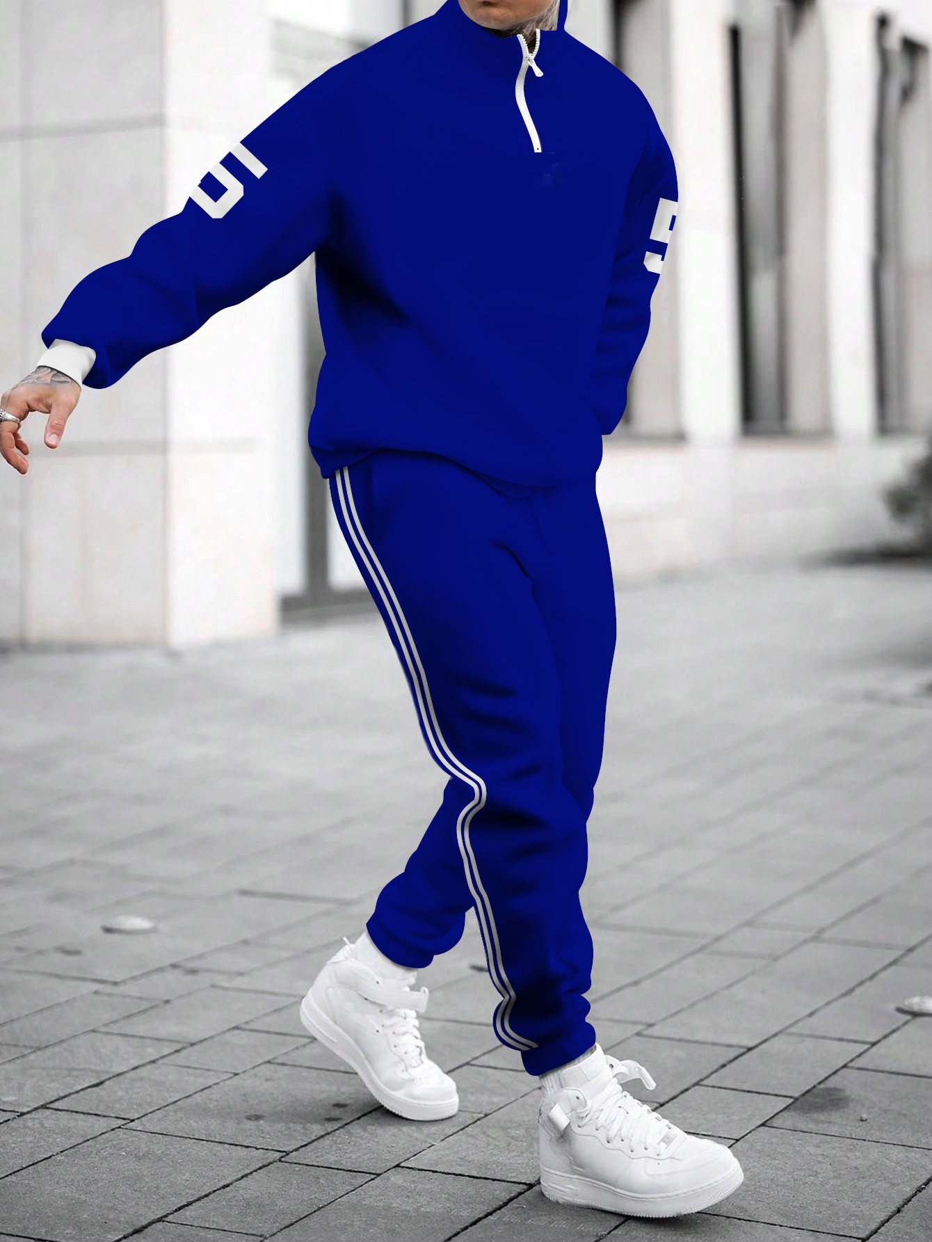 Men's fashion casual color match print long sleeve two piece set