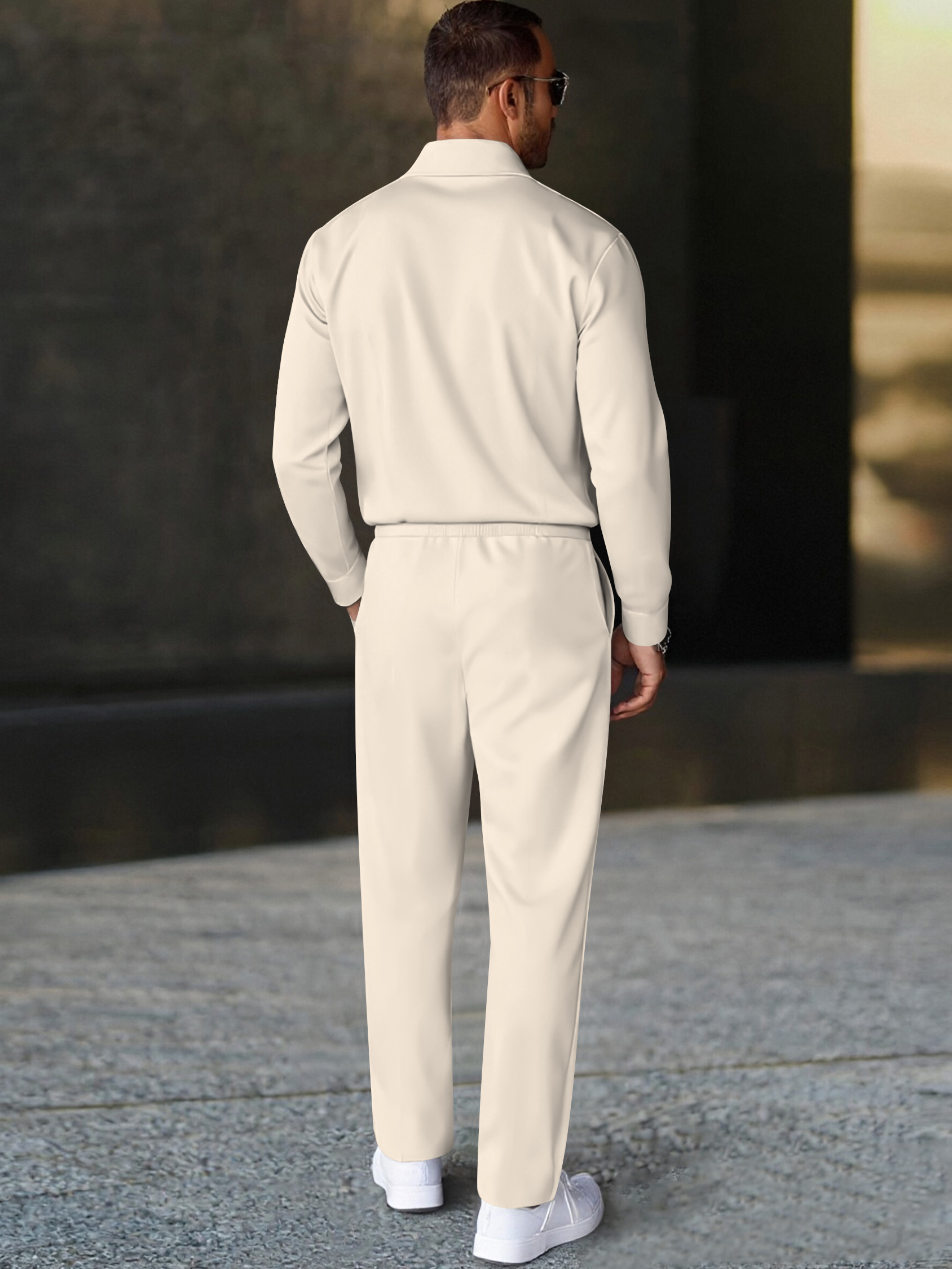 Men's fashion casual geometric print long sleeve zipper polo two-piece set