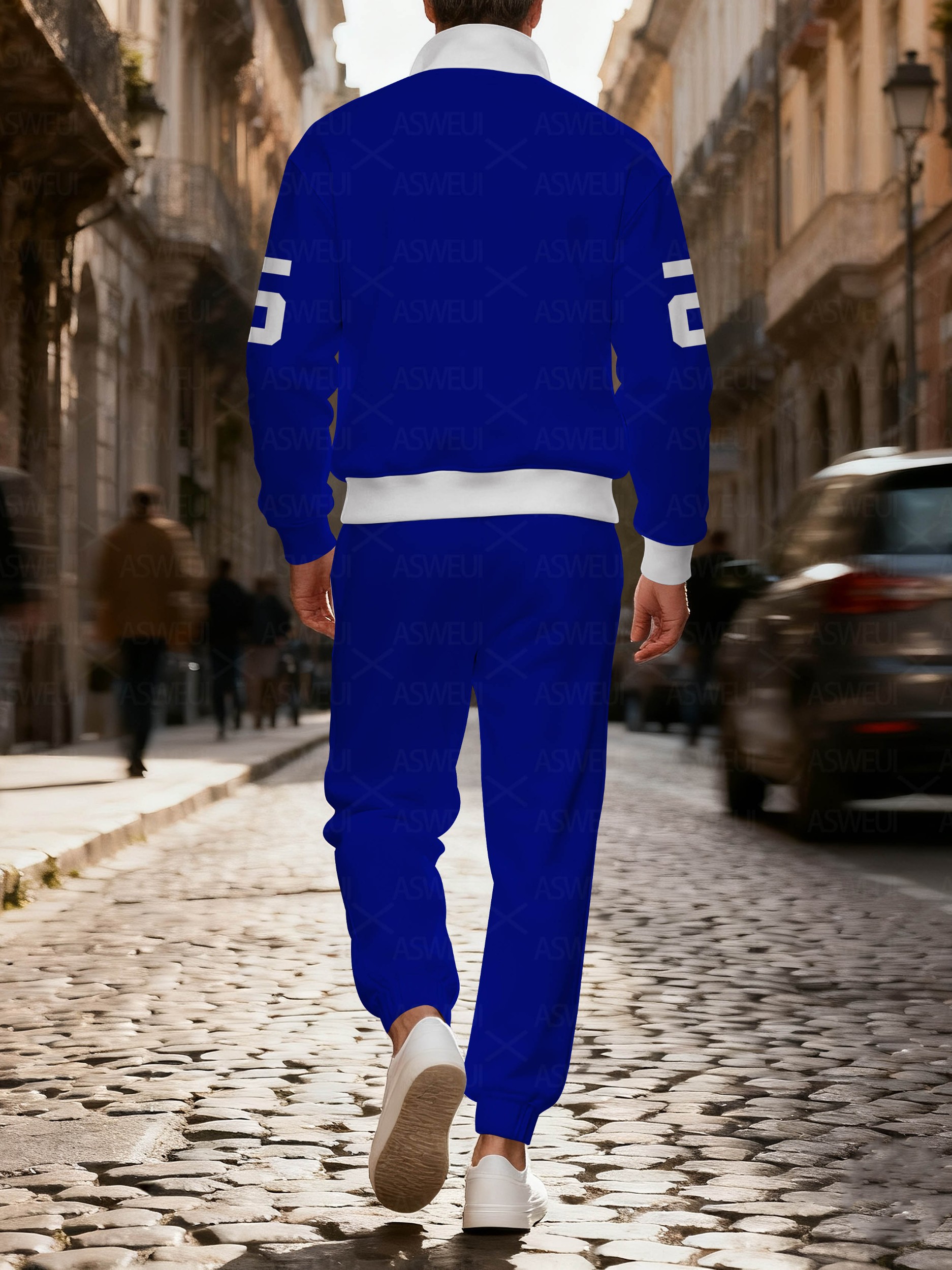 Men's fashionable casual blue printed zipper long-sleeved two-piece set