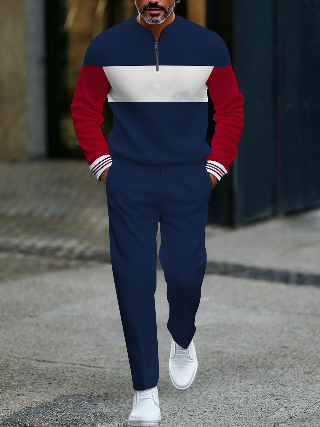 Men's fashion casual geometric print long sleeve zipper two-piece set