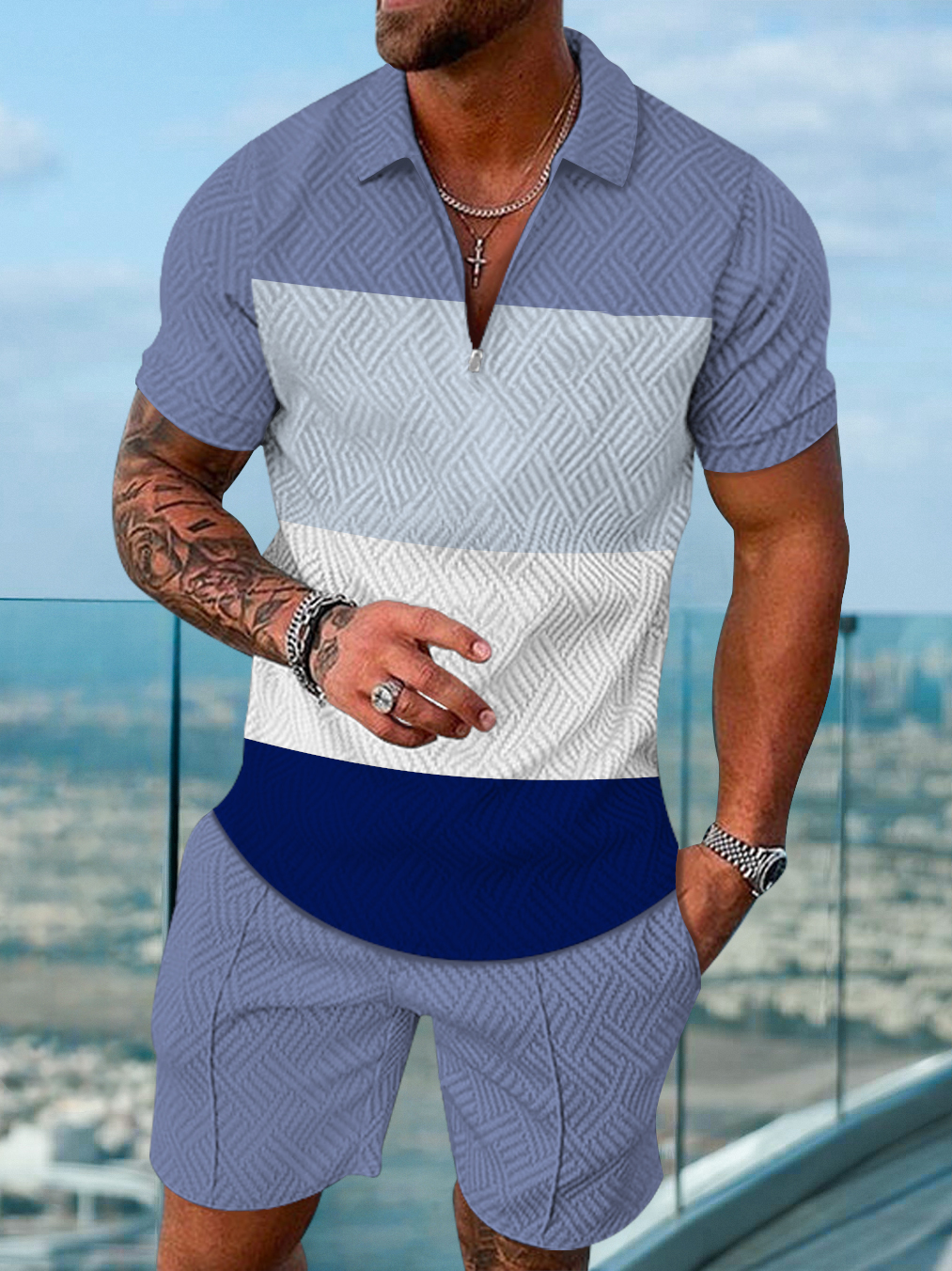 Men's fashion casual color matching printed polo two-piece set