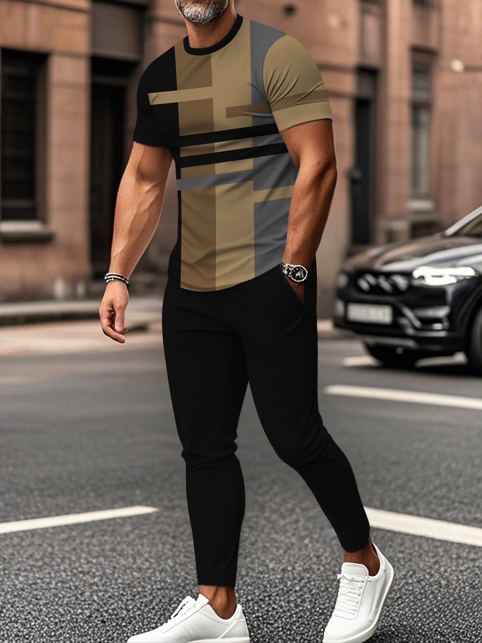 Men's fashion casual color matching striped printed short sleeved trousers two-piece set