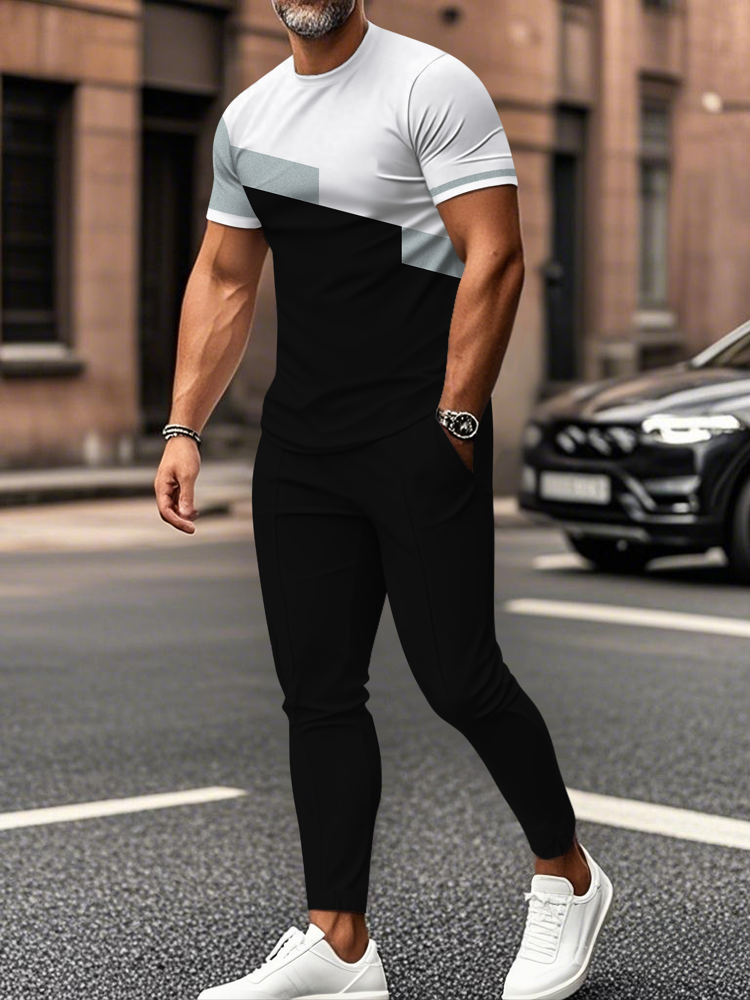 Men's fashion casual color matching striped printed short sleeved trousers two-piece set