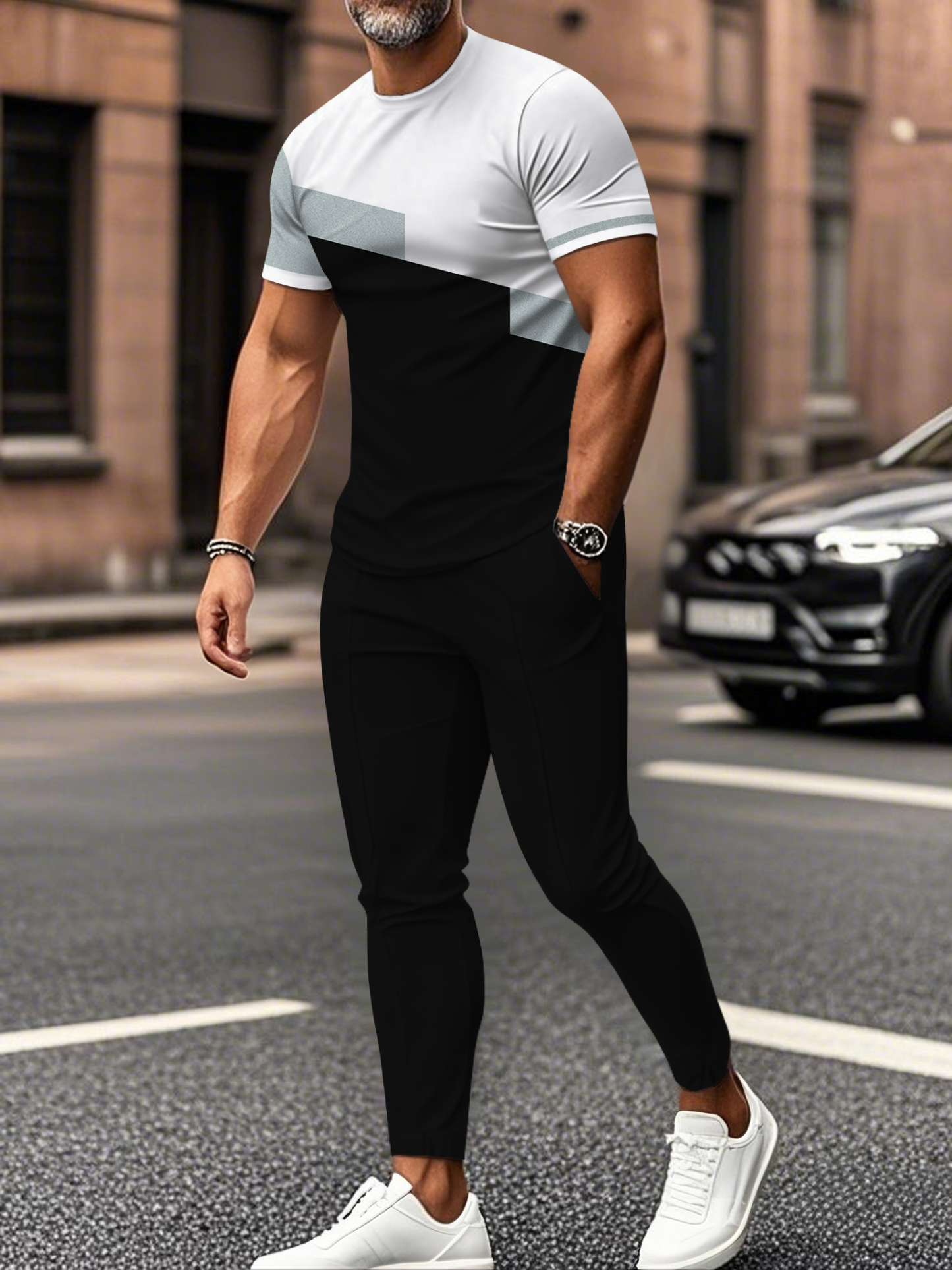 Men's fashion casual color matching striped printed short sleeved trousers two-piece set