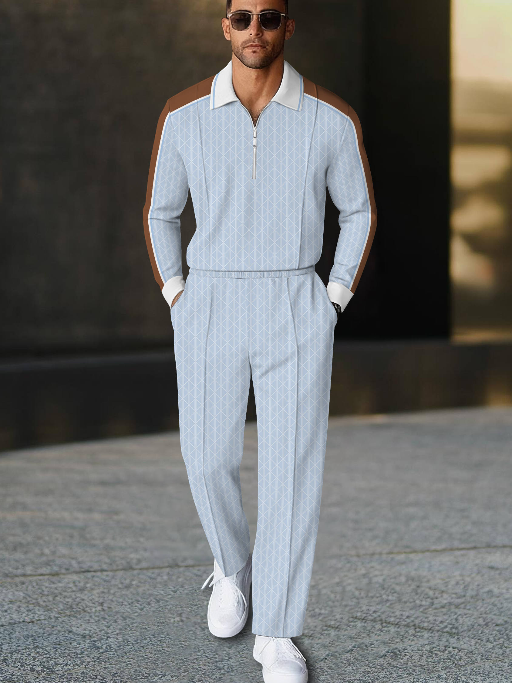 Men's fashion casual geometric print long sleeve zipper polo two-piece set