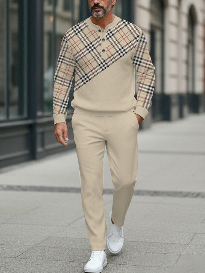 Men's Fashion Casual Geometric Print Long Sleeve Button Design Two-Piece Set