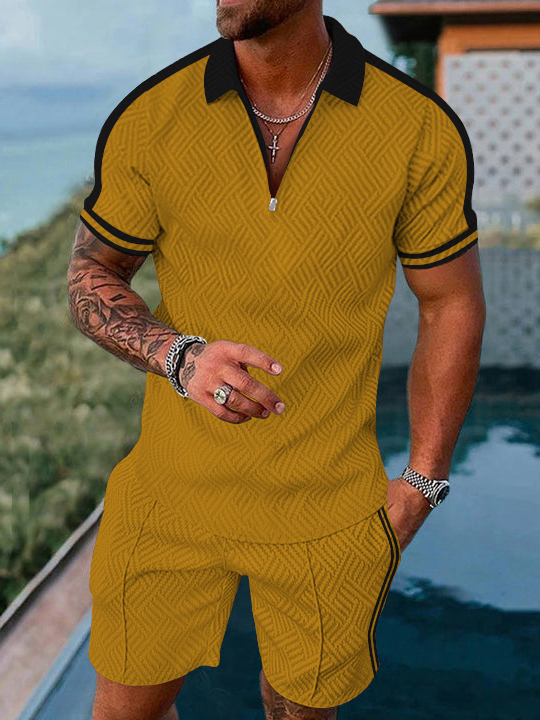 Men's fashion casual geometric print short sleeve polo two-piece set