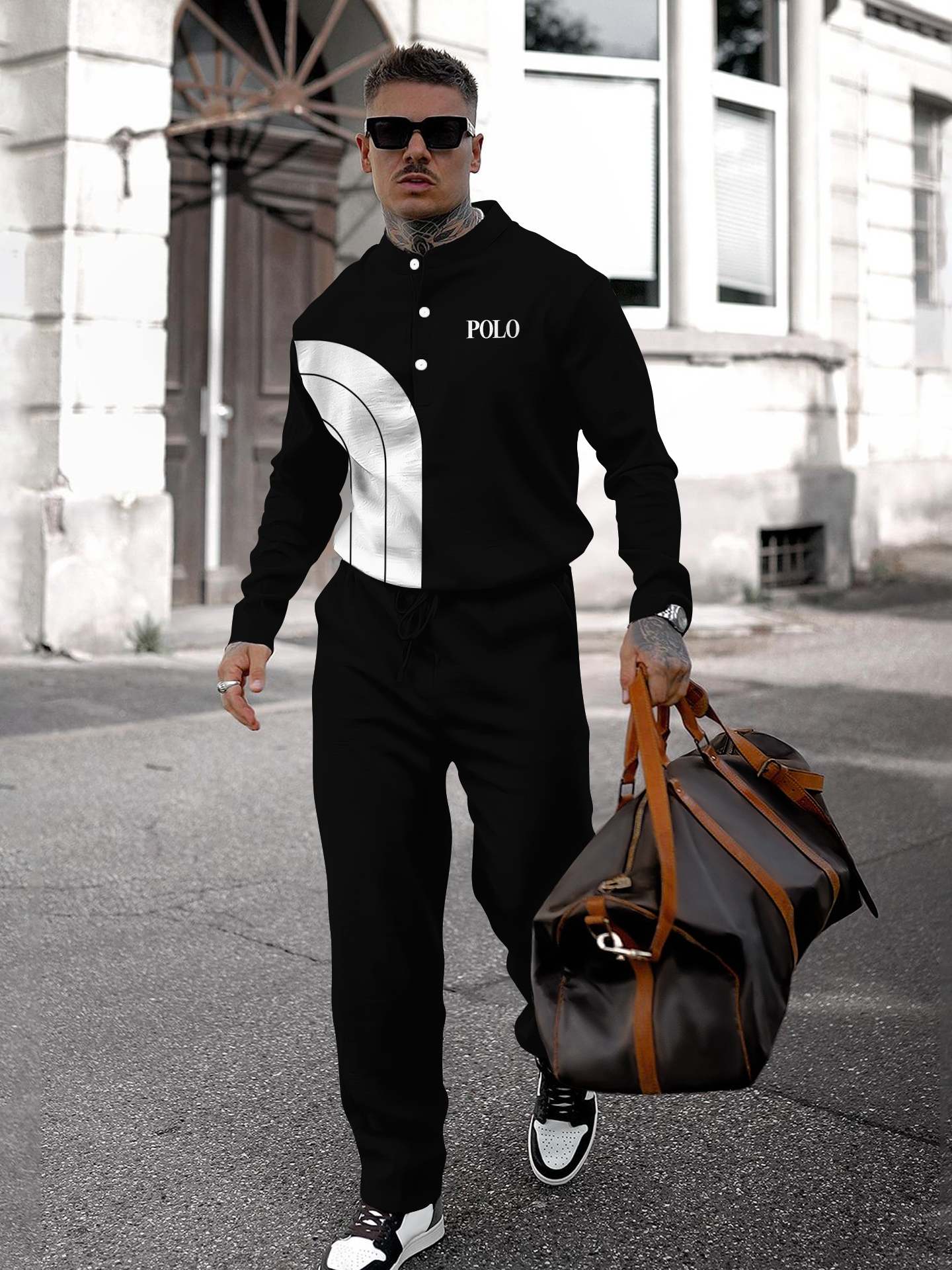 Men's fashion casual geometric print long sleeve two-piece set