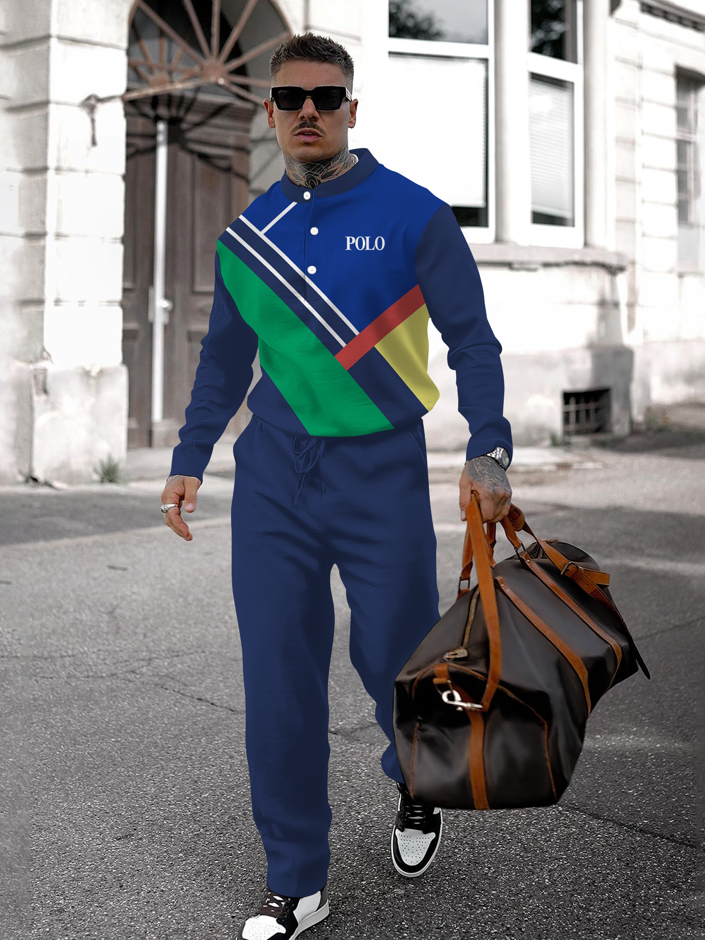 Men's fashion casual geometric print long sleeve two-piece set