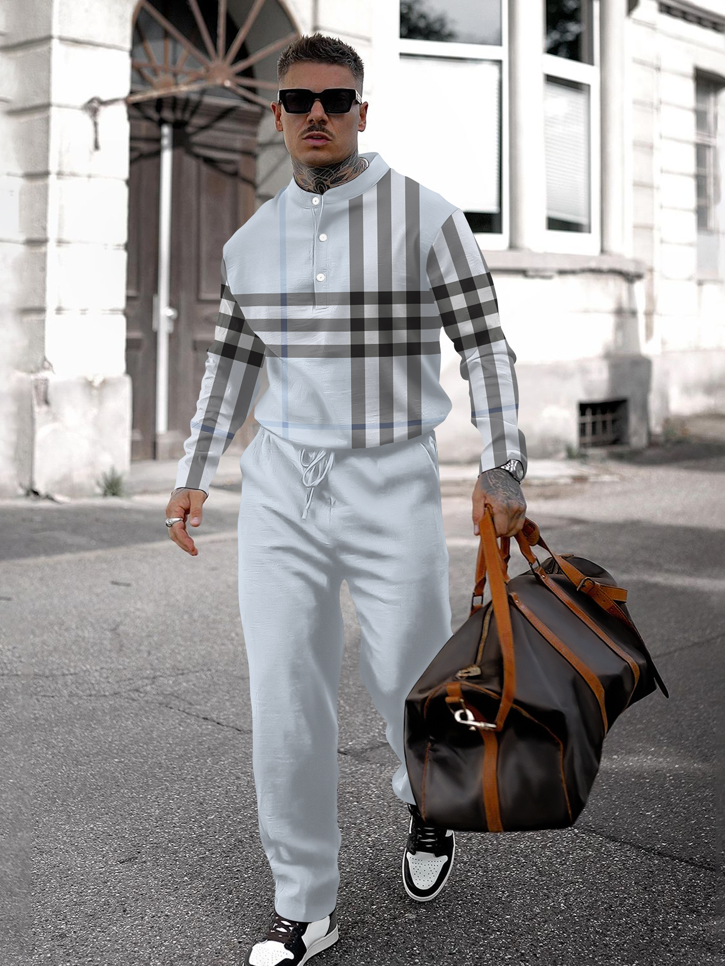 Men's fashion casual geometric print long sleeve two-piece set
