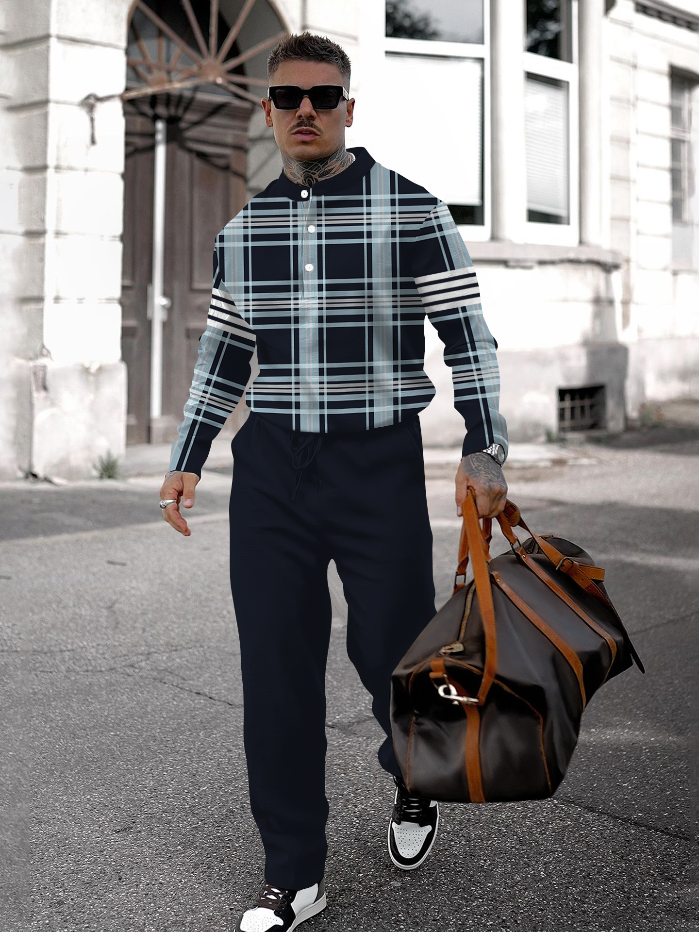 Men's fashion casual geometric print long sleeve two-piece set