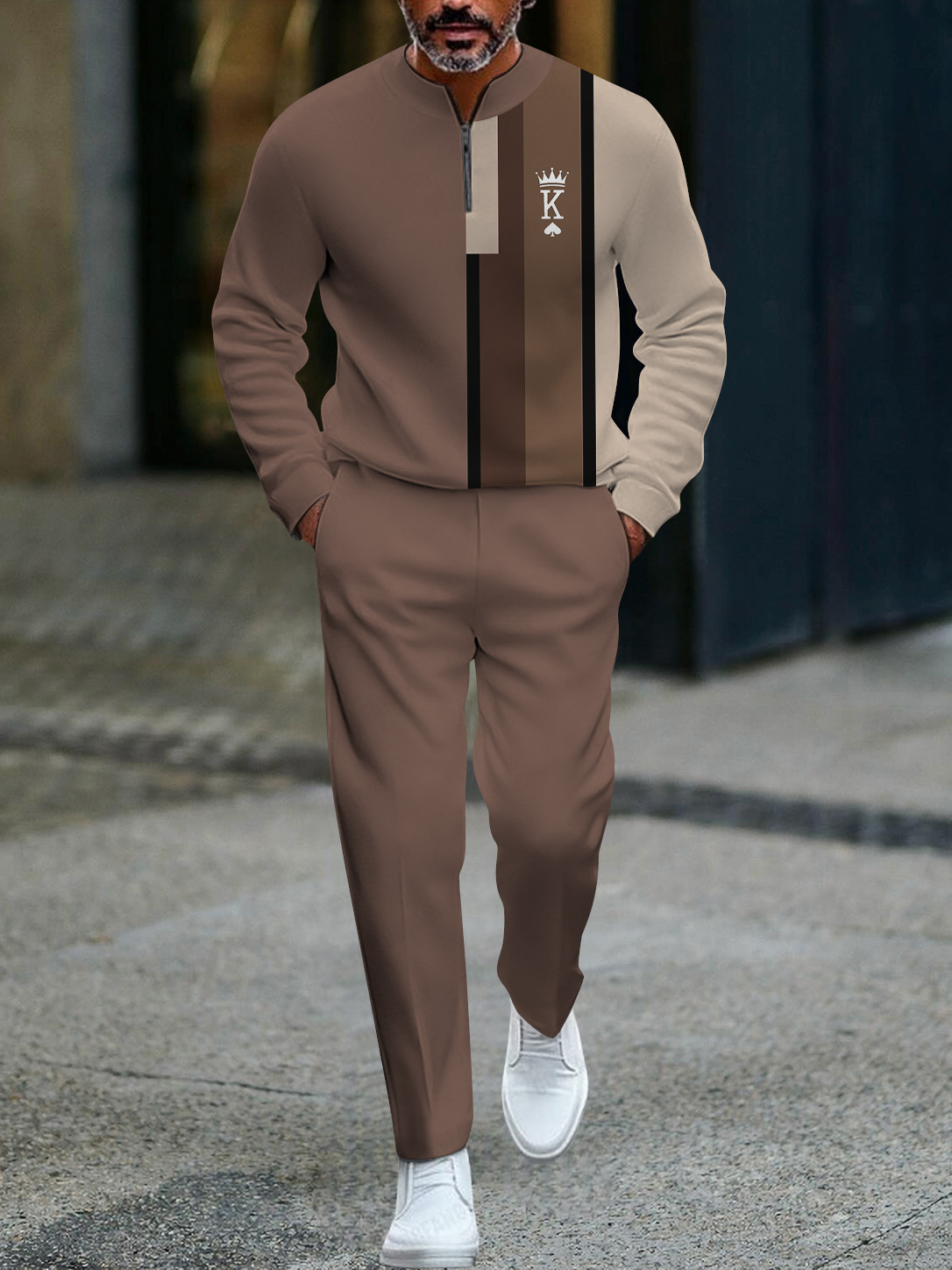 Men's fashion casual geometric print long sleeve zipper two-piece set