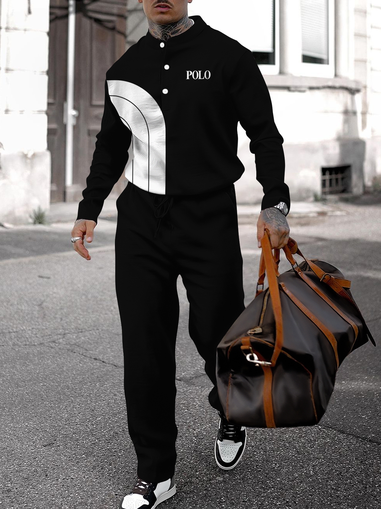 Men's fashion casual geometric print long sleeve two-piece set