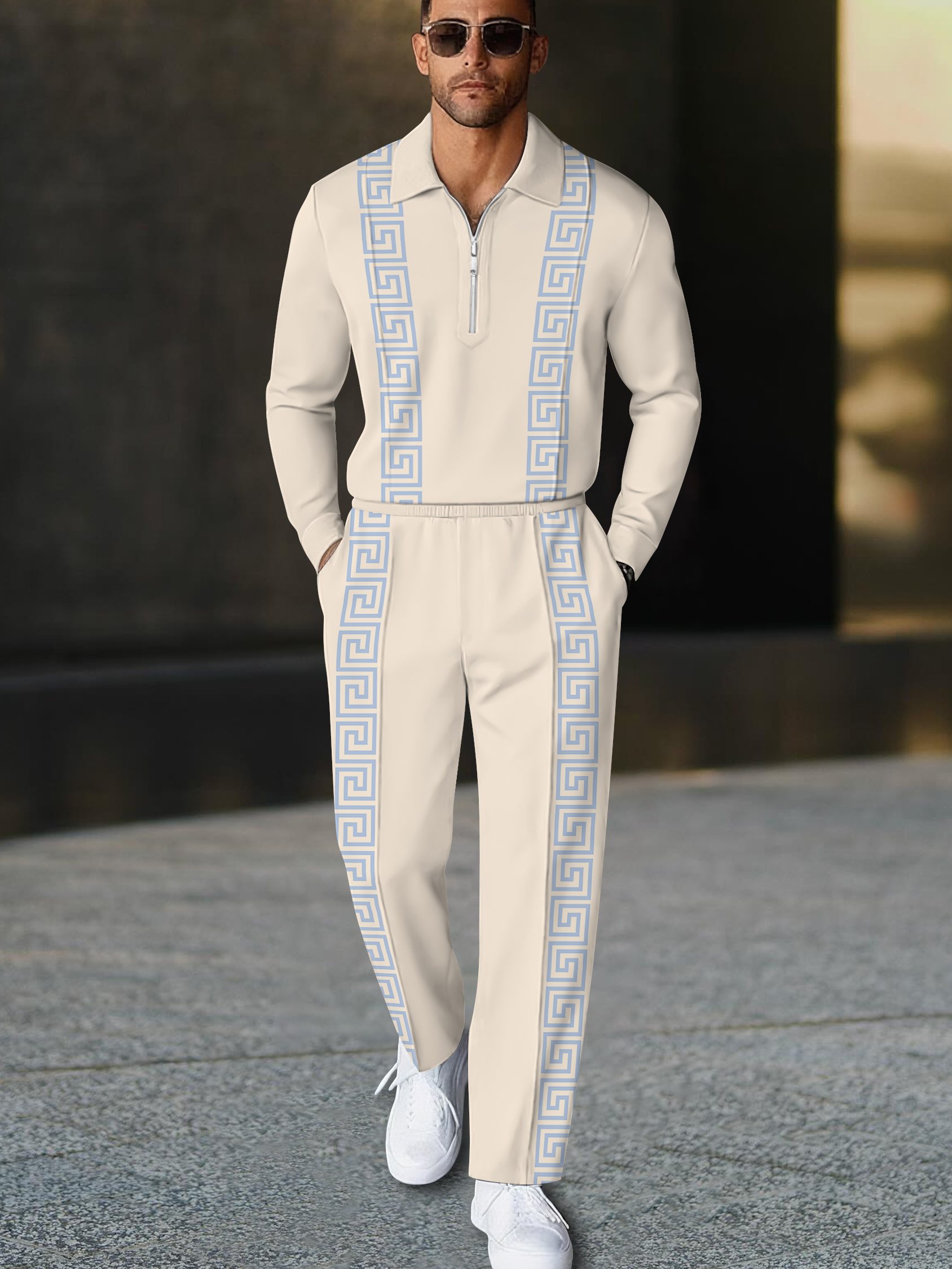 Men's fashion casual geometric print long sleeve zipper polo two-piece set