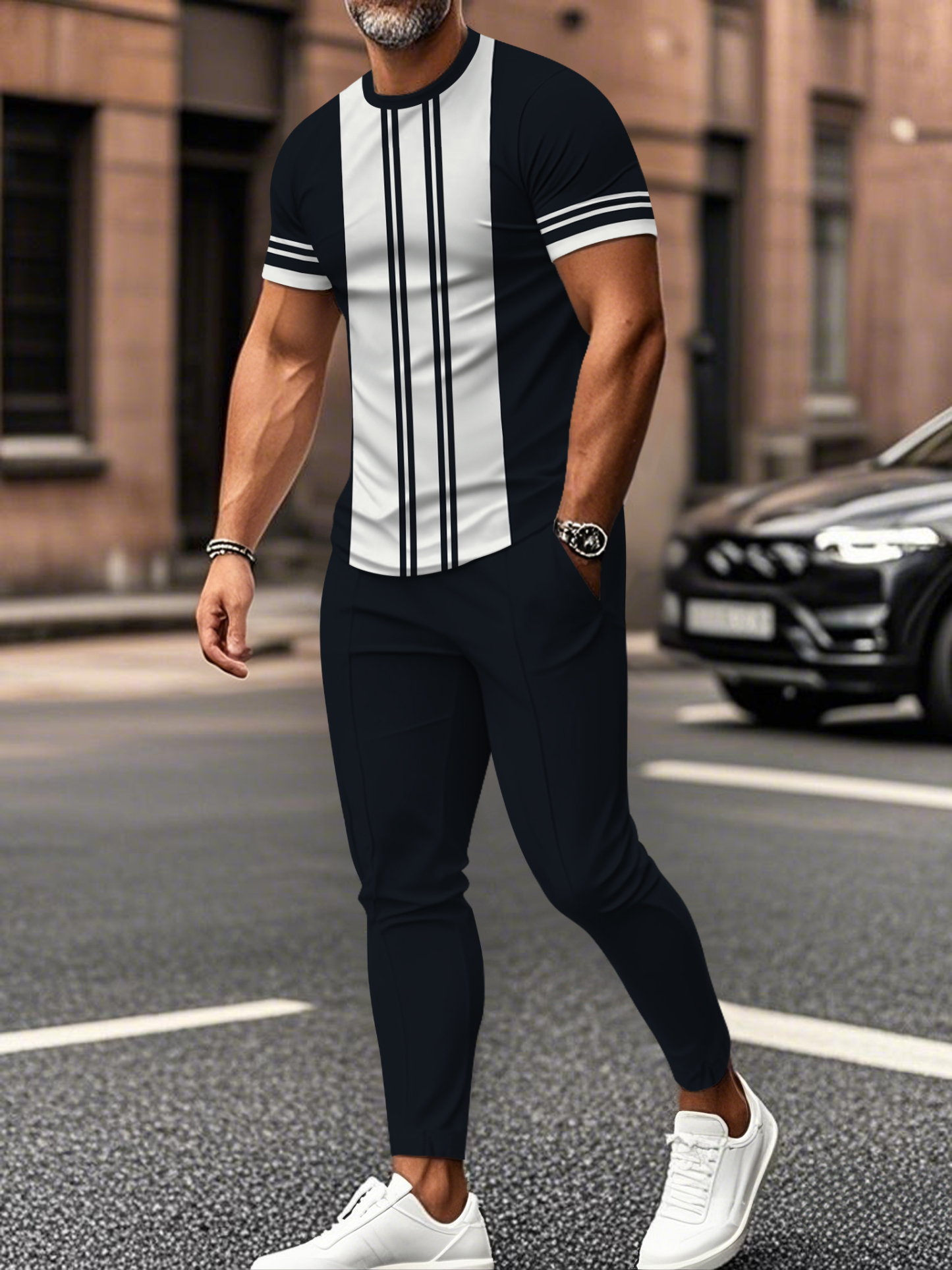Men's fashion casual color matching striped printed short sleeved trousers two-piece set