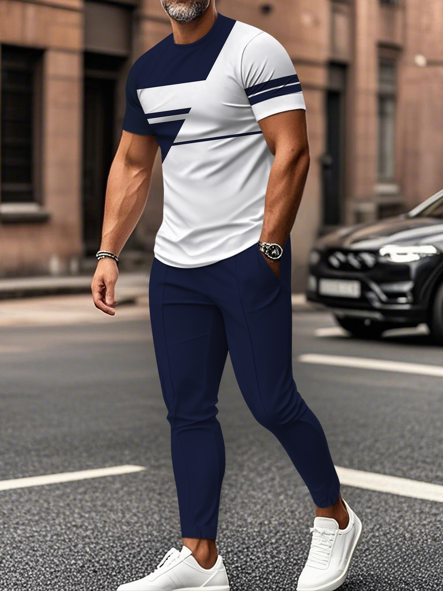 Men's fashion casual color matching striped printed short sleeved trousers two-piece set