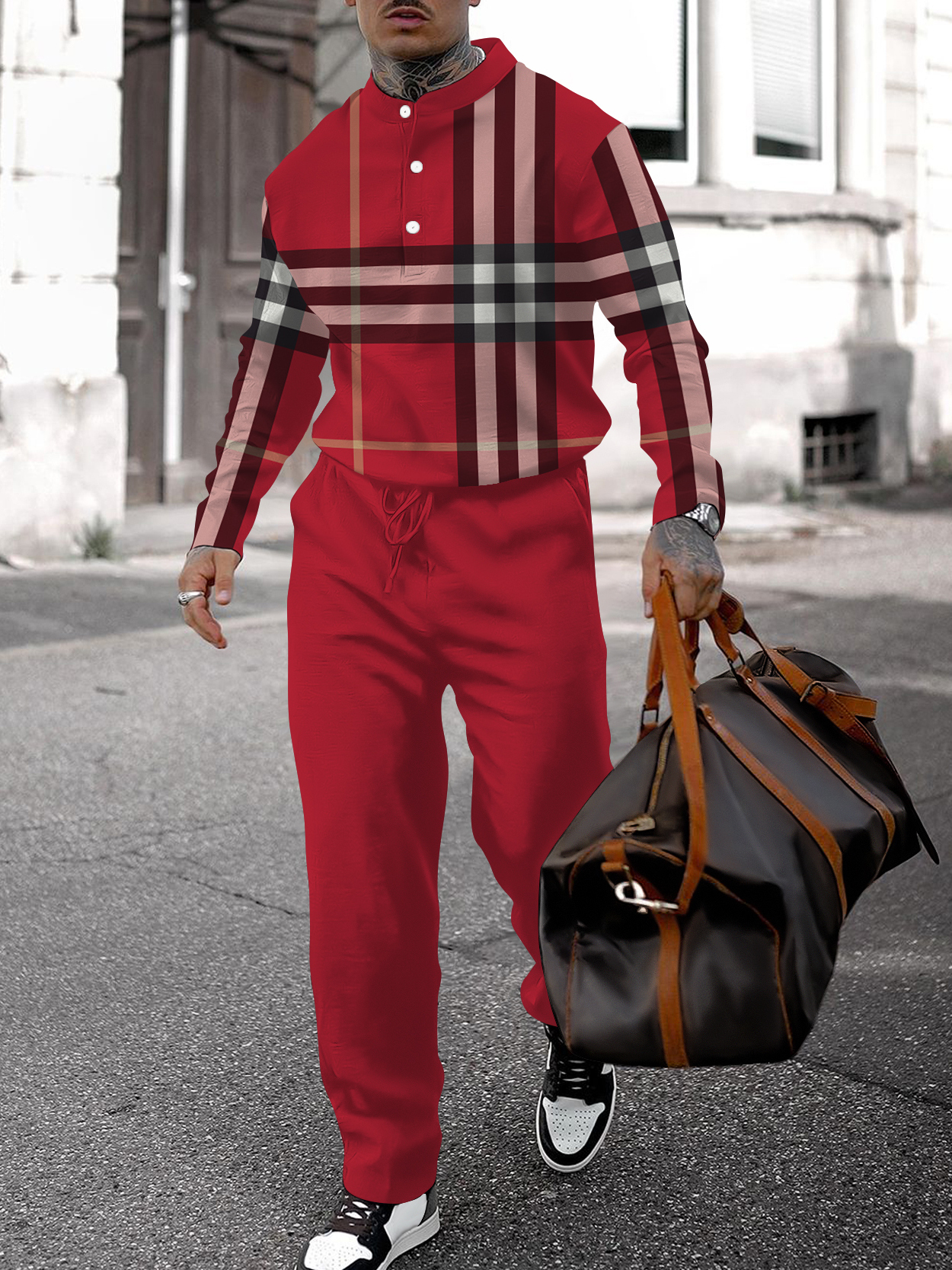 Men's fashion casual geometric print long sleeve two-piece set