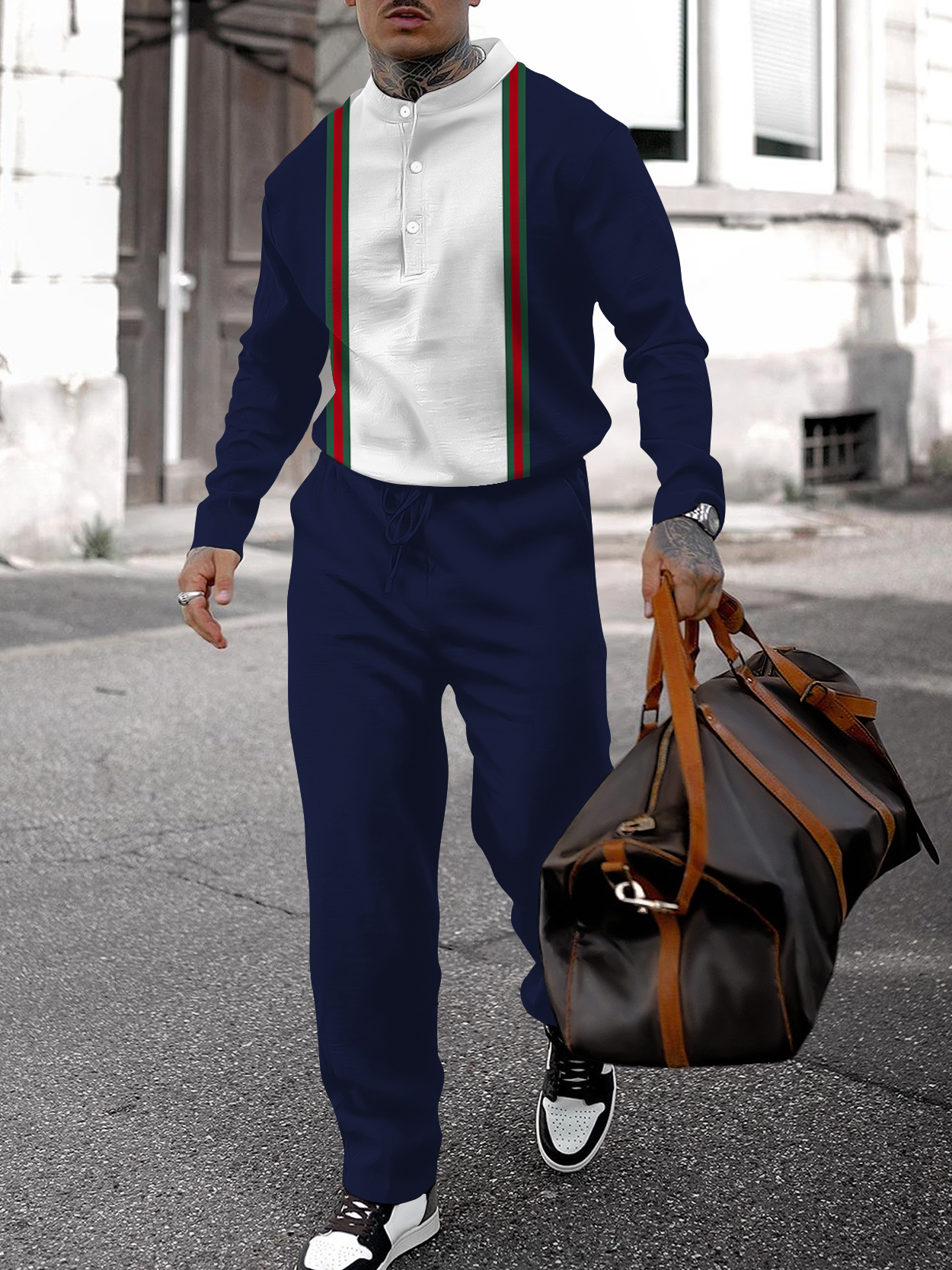 Men's fashion casual geometric print long sleeve two-piece set