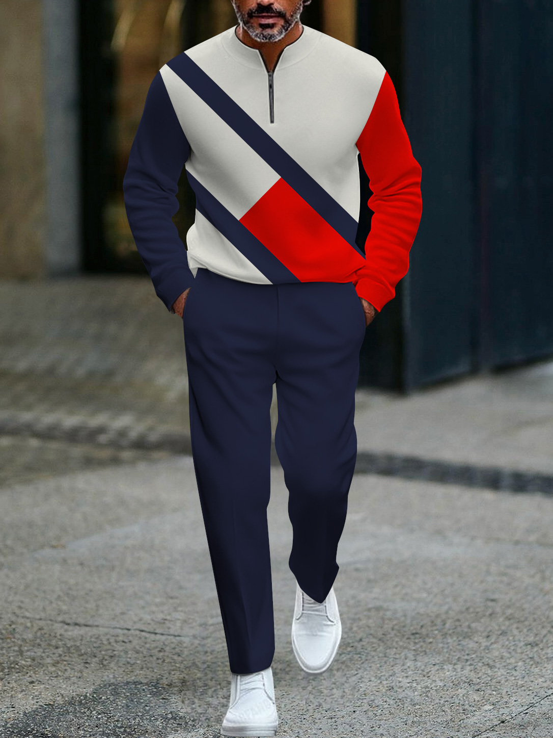 Men's fashion casual geometric print long sleeve zipper two-piece set