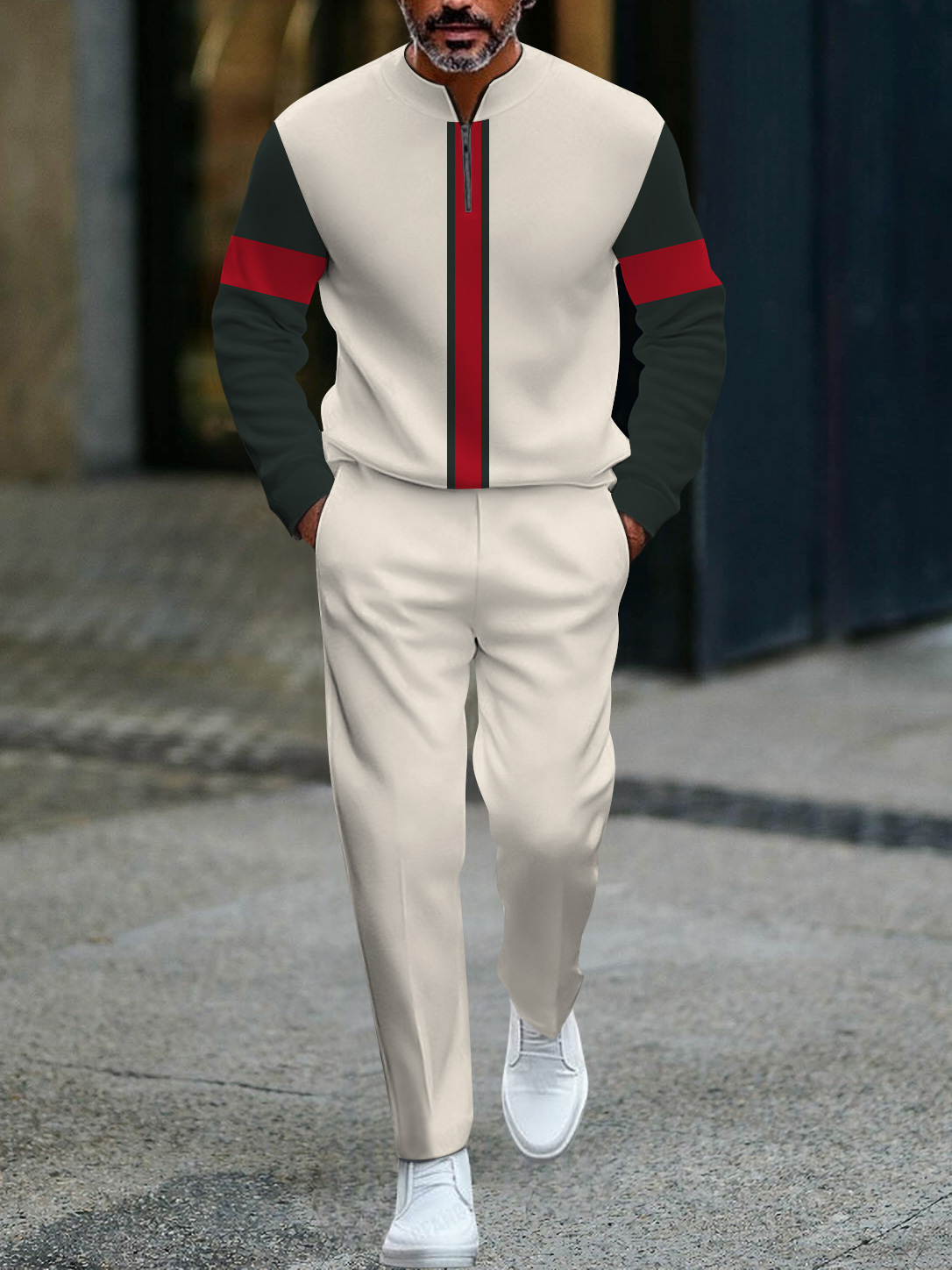 Men's fashion casual geometric print long sleeve zipper two-piece set