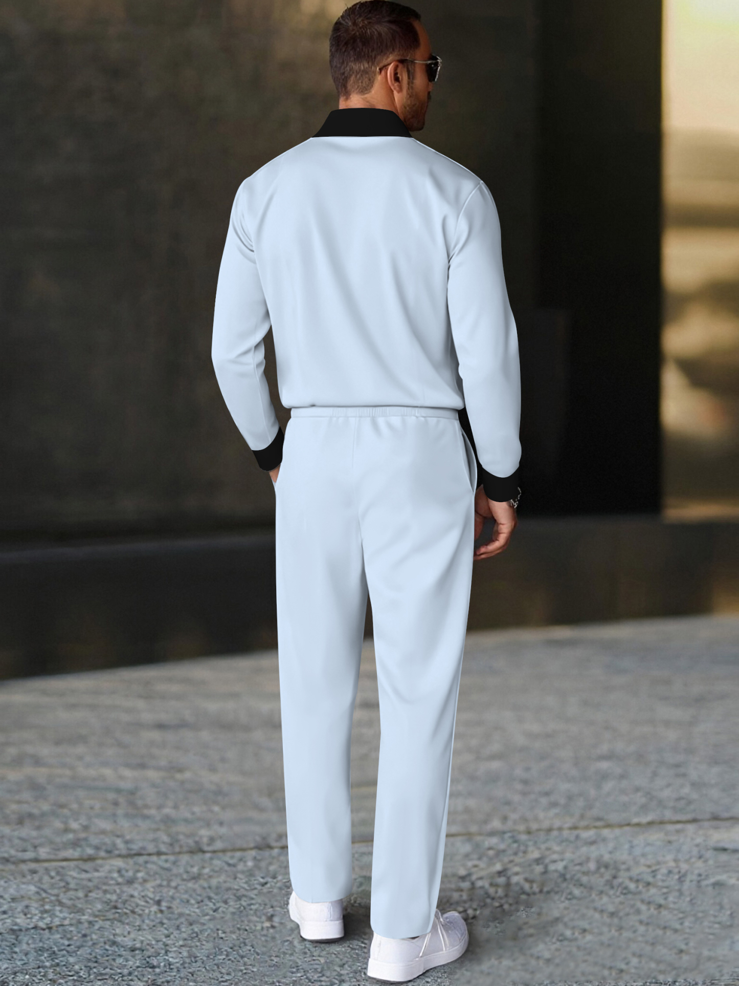 Men's fashion casual geometric print long sleeve zipper polo two-piece set