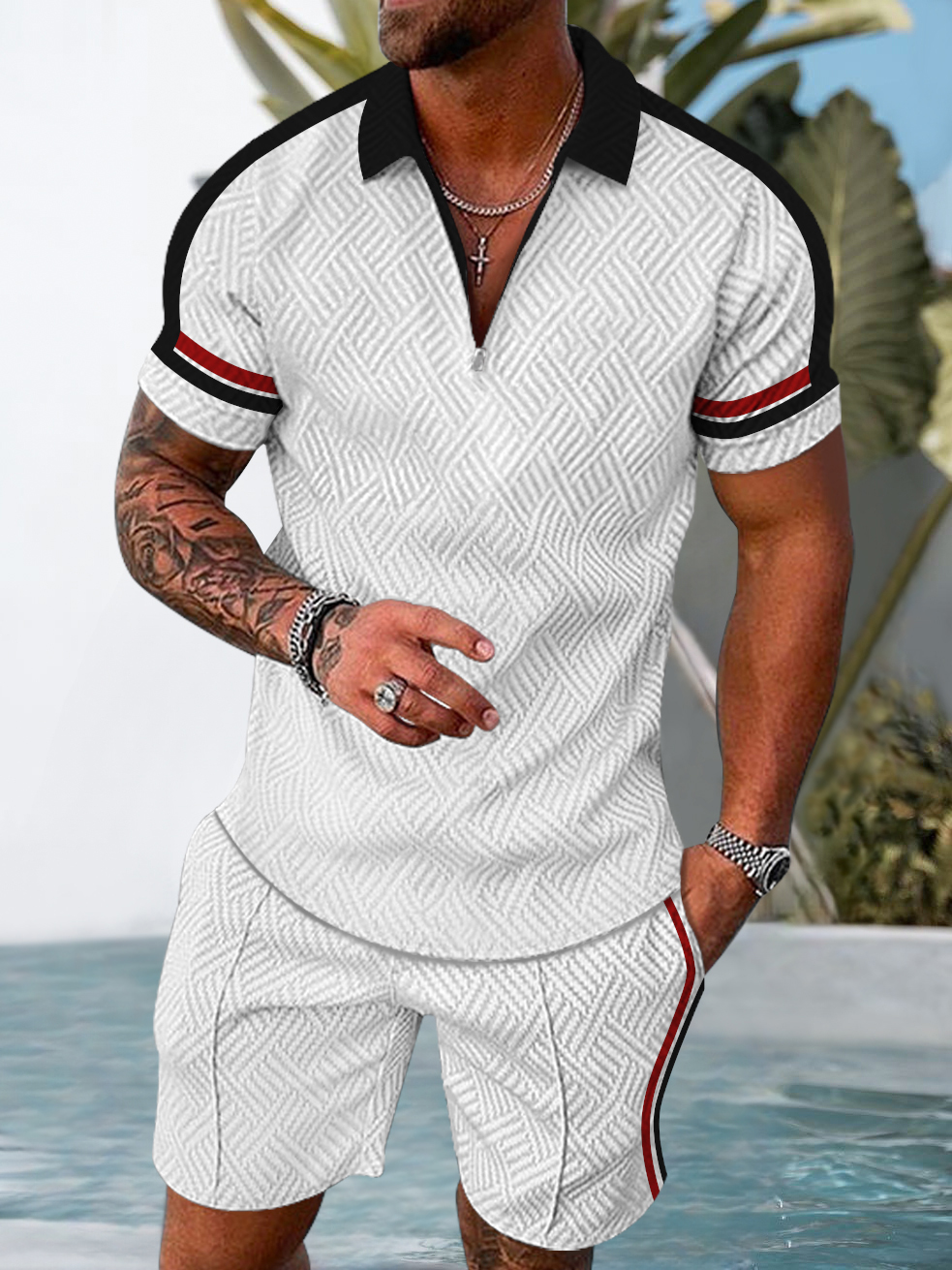 Men's fashion casual geometric print short sleeve polo two-piece set