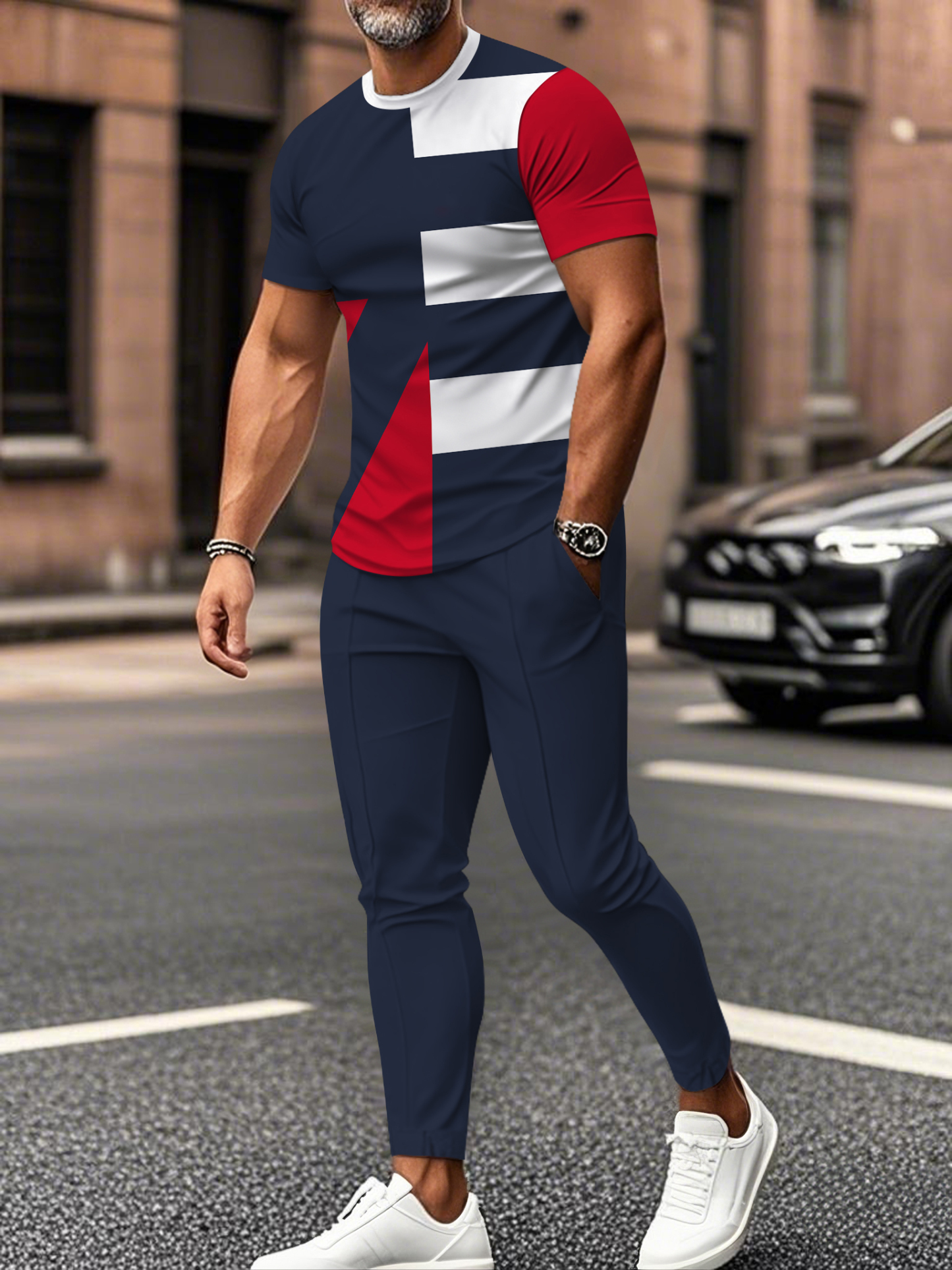 Men's fashion casual color matching striped printed short sleeved trousers two-piece set