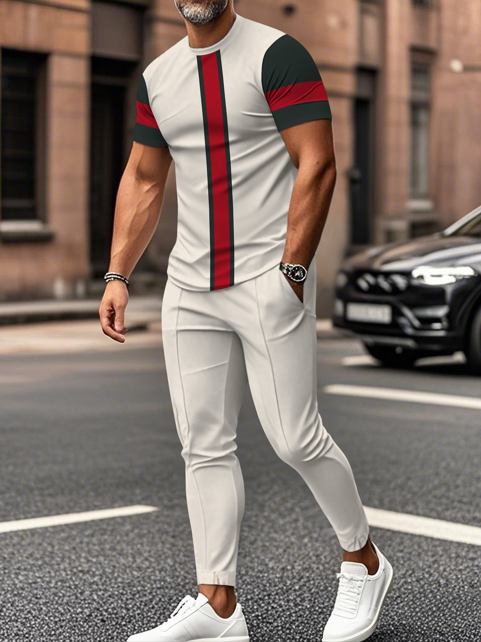 Men's fashion casual color matching striped printed short sleeved trousers two-piece set