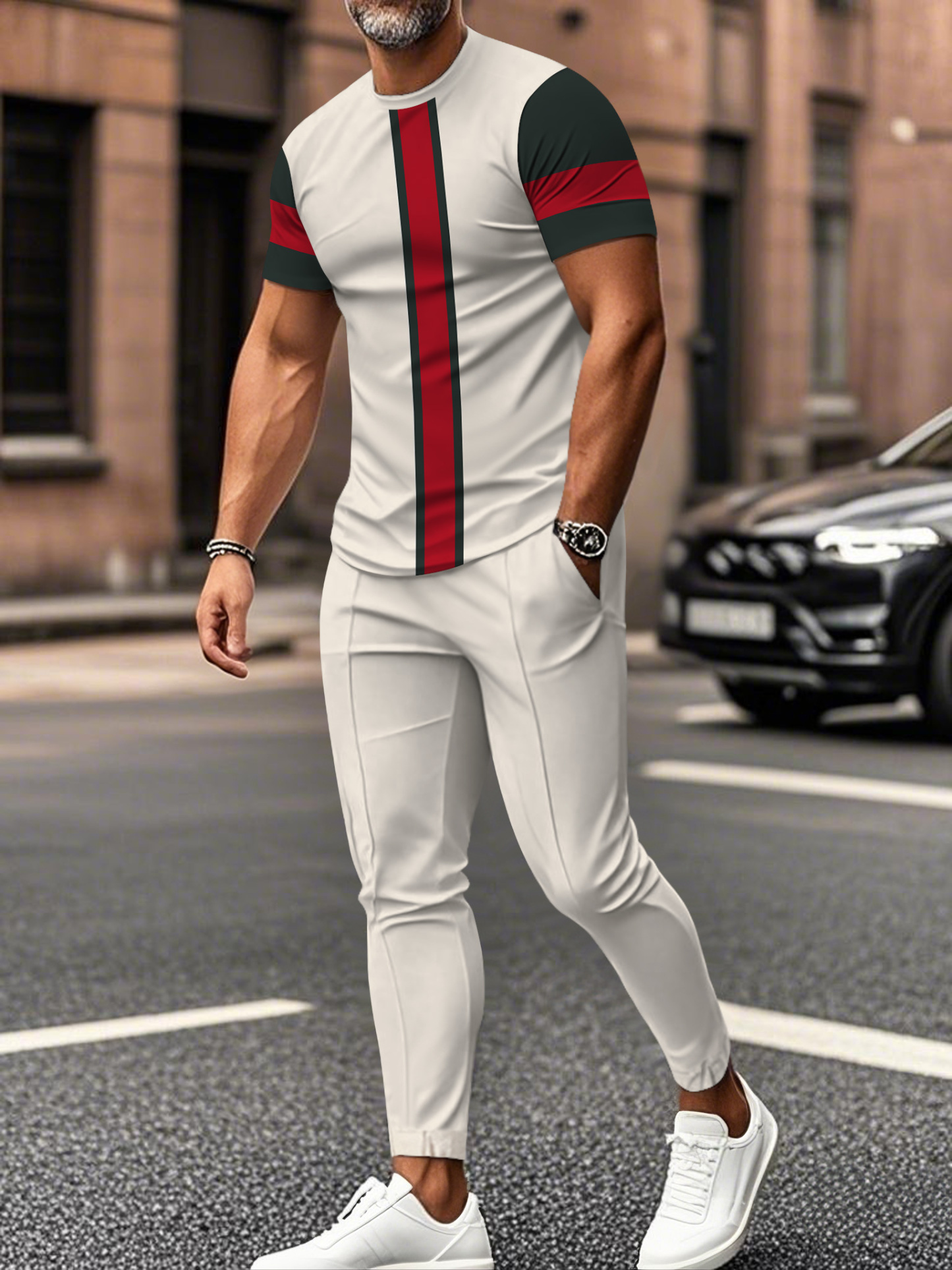Men's fashion casual color matching striped printed short sleeved trousers two-piece set