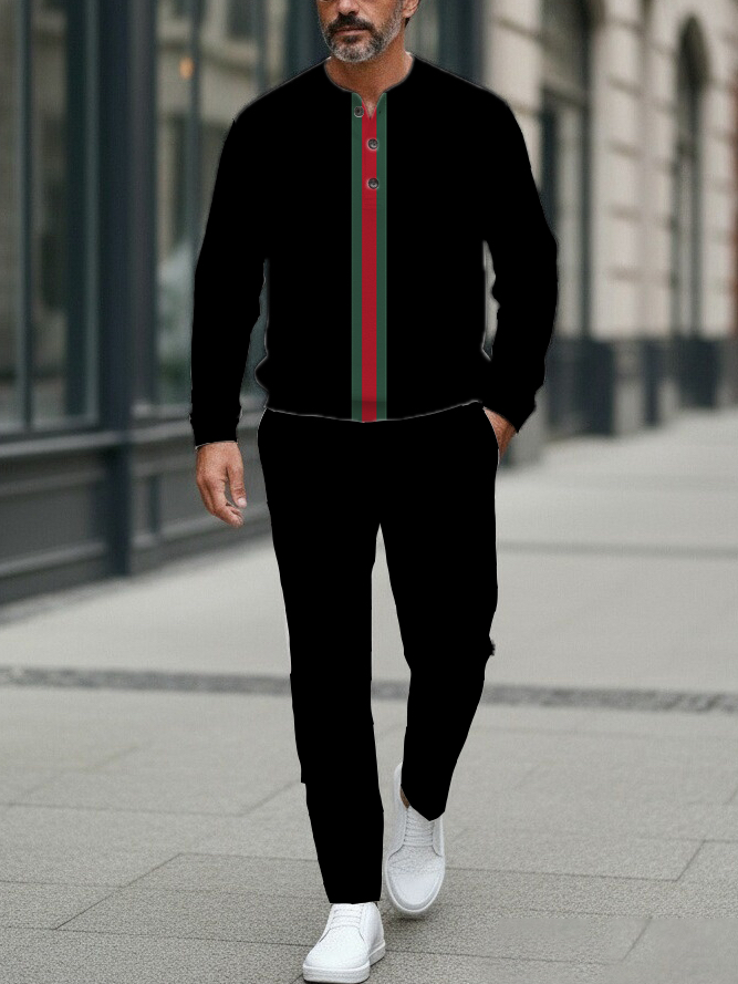 Men's Fashion Casual Geometric Print Long Sleeve Button Design Two-Piece Set